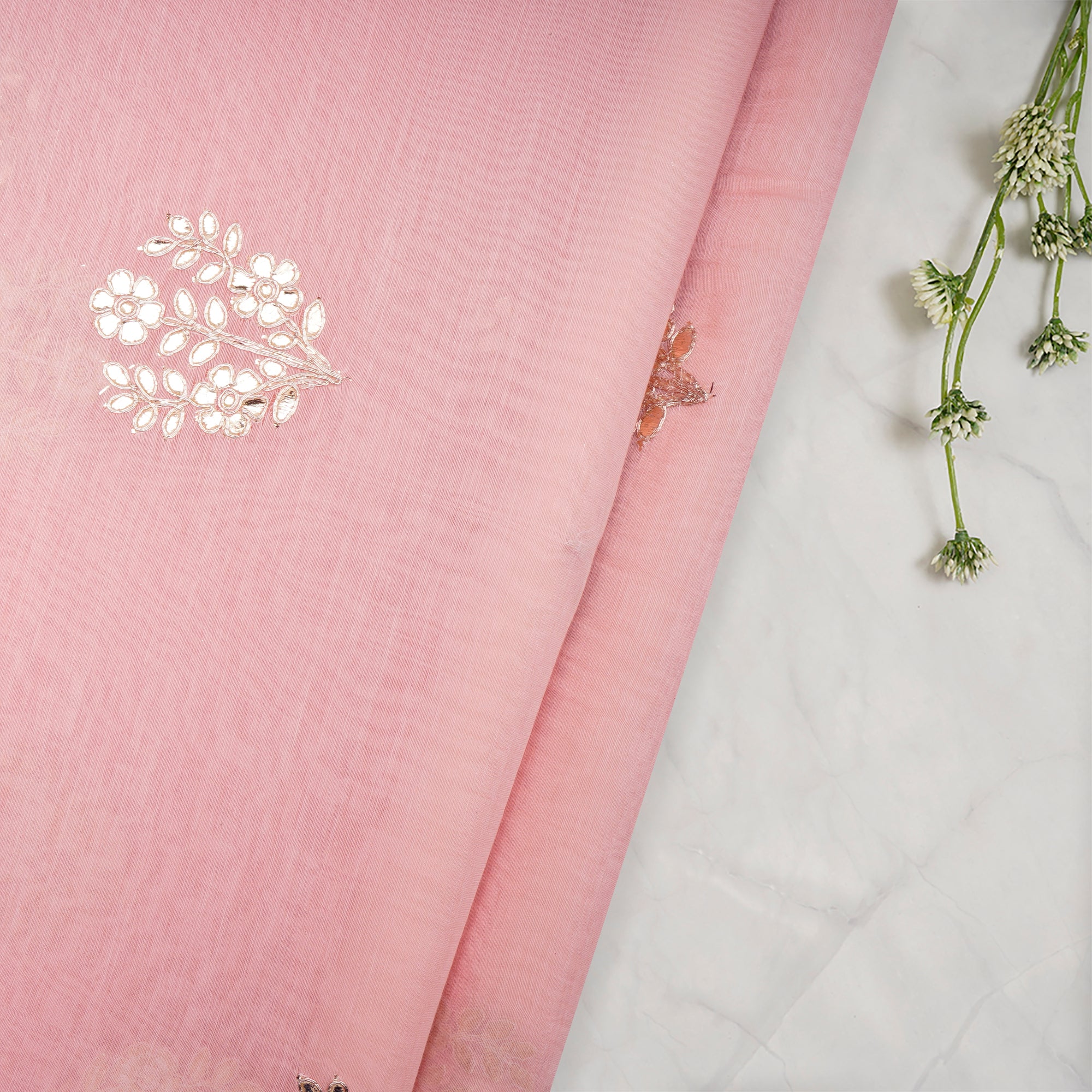 Baby Pink Motif Pattern Thread Embroidered Chanderi Fabric