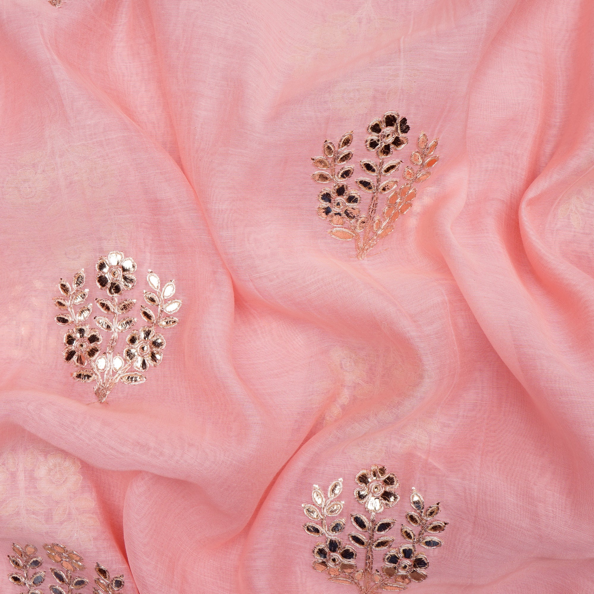 Baby Pink Motif Pattern Thread Embroidered Chanderi Fabric