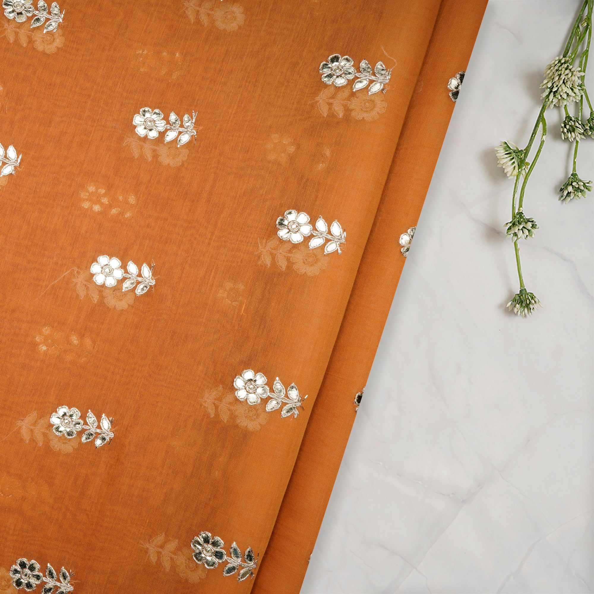 Musterd Motif Pattern Thread Embroidered Chanderi Fabric