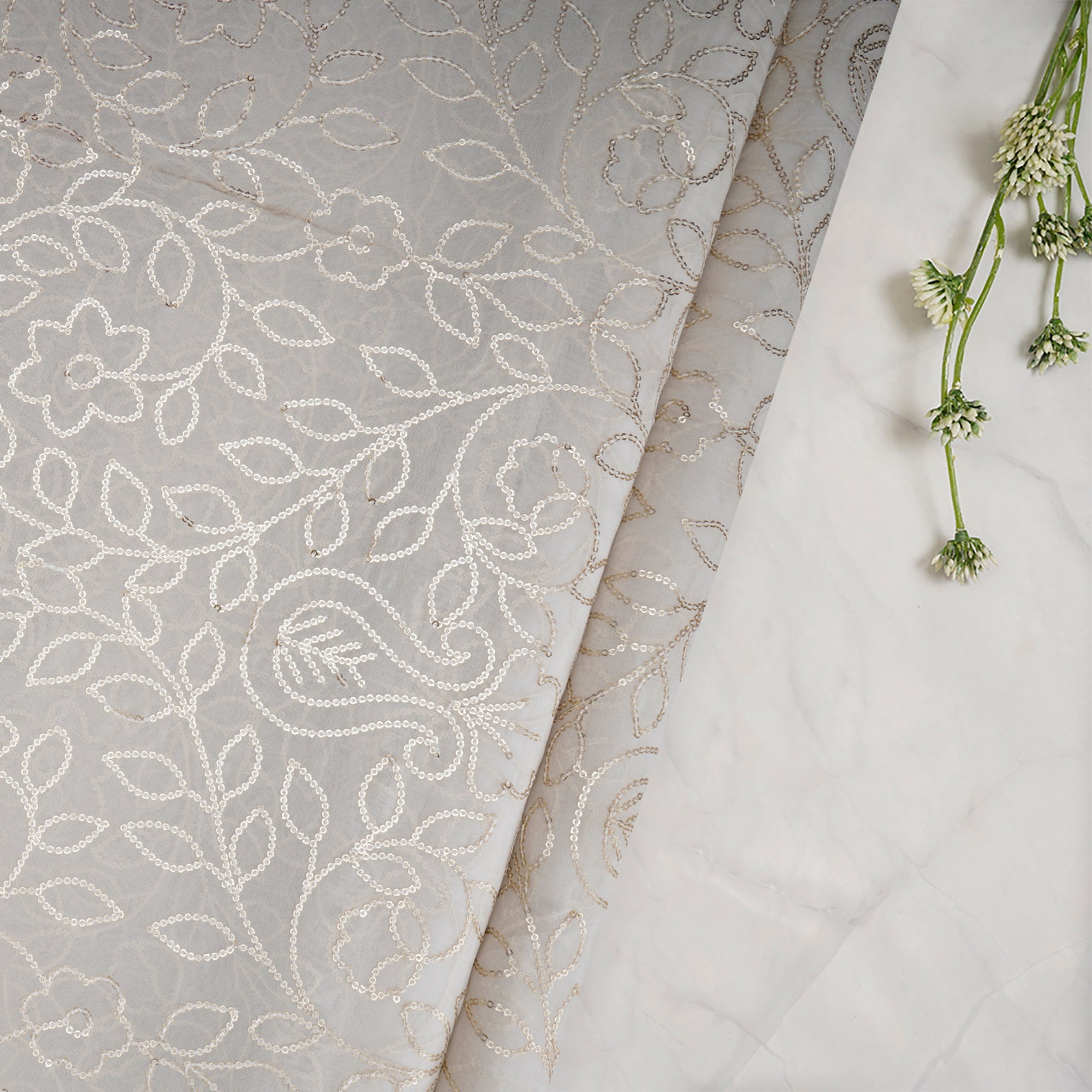 White Color Sequins Embroidered Viscose Organza Fabric