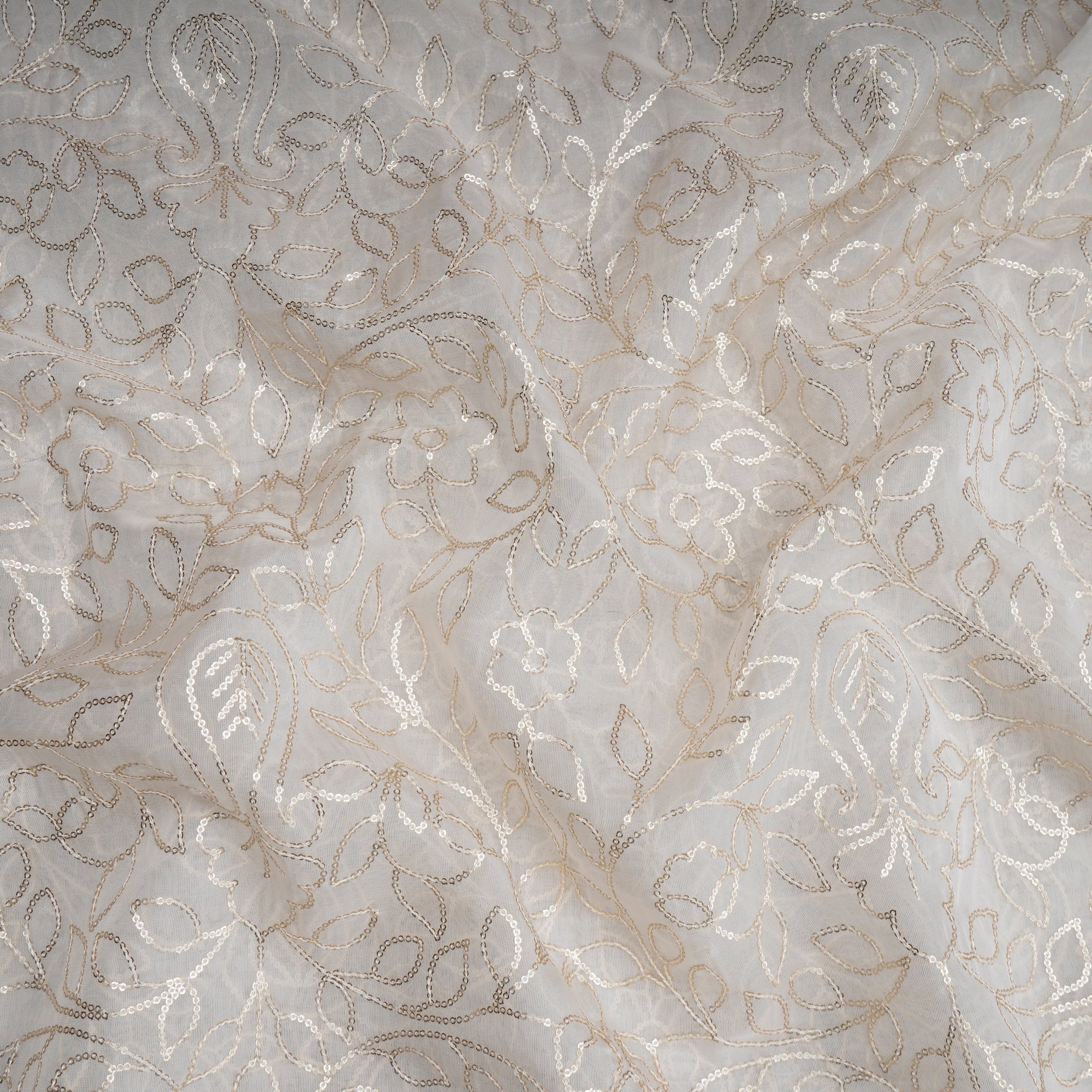 White Color Sequins Embroidered Viscose Organza Fabric