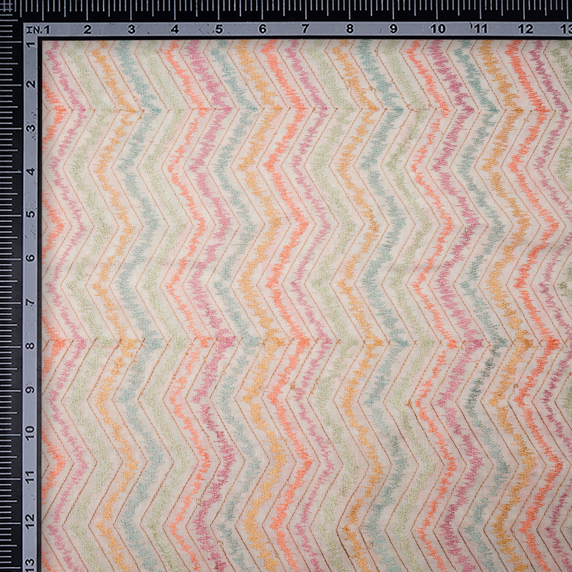 Off-White Chevron Pattern Thread Embroidered Cotton Fabric