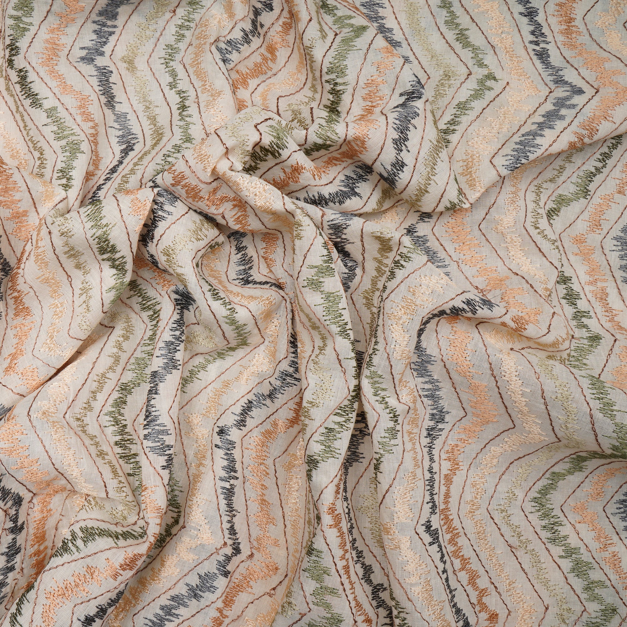 Off-White Chevron Pattern Thread Embroidered Cotton Fabric