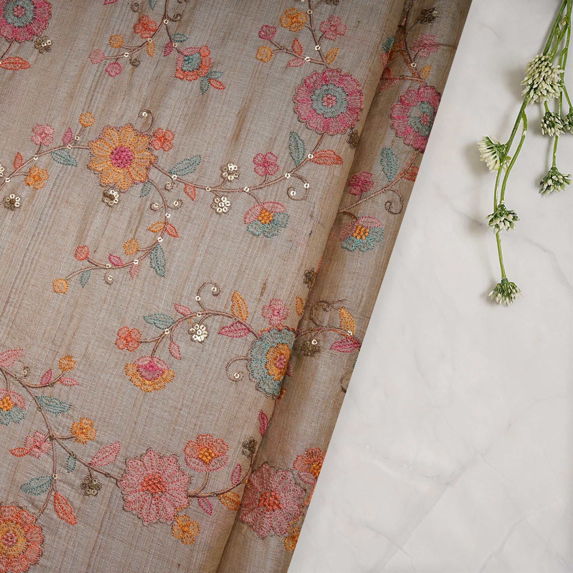Natural Beige Multi Color Floral Pattern Thread & Sequin Embroidered Tusser Silk Fabric