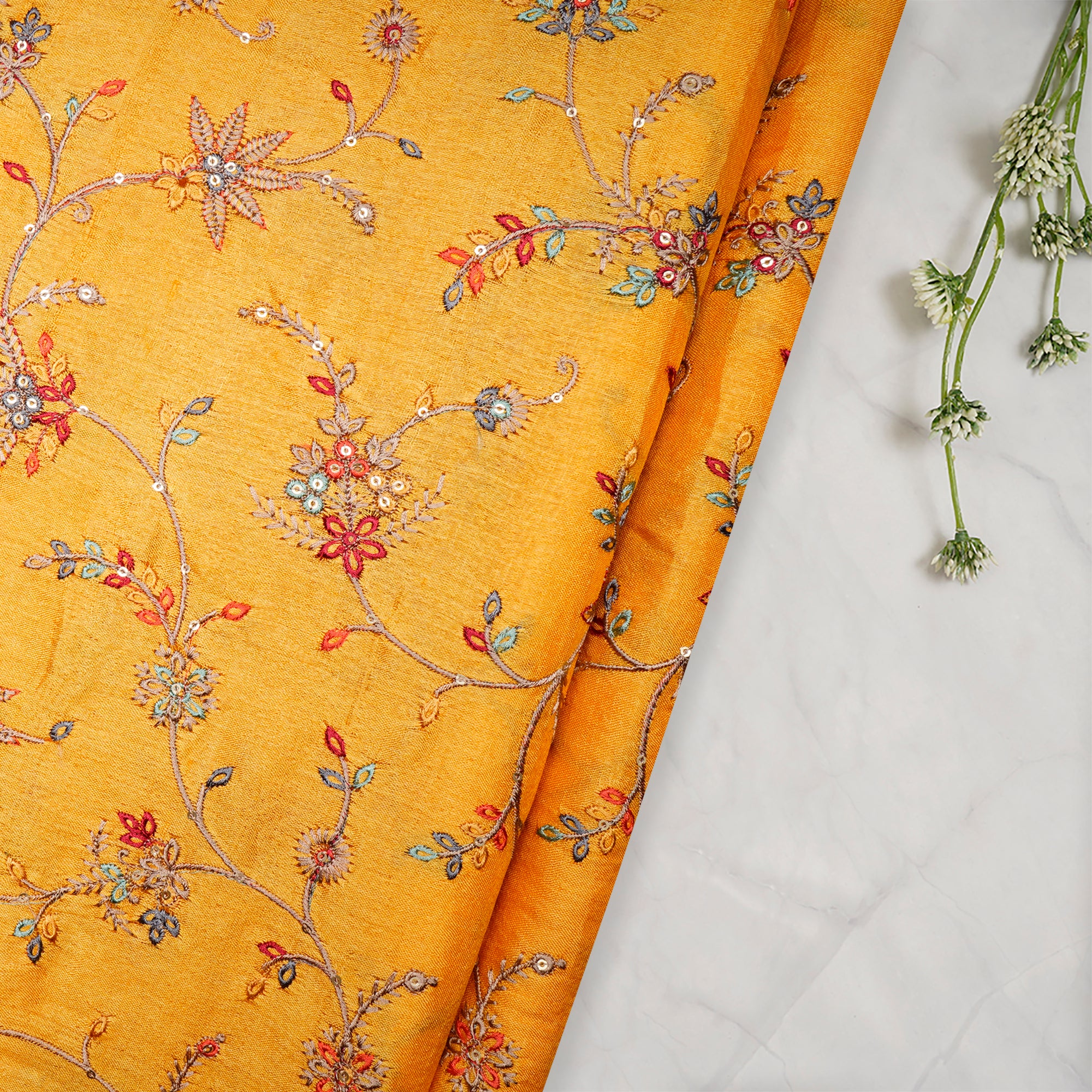 Mustard Floral Pattern Thread & Sequins Embroidered Tusser Silk Fabric