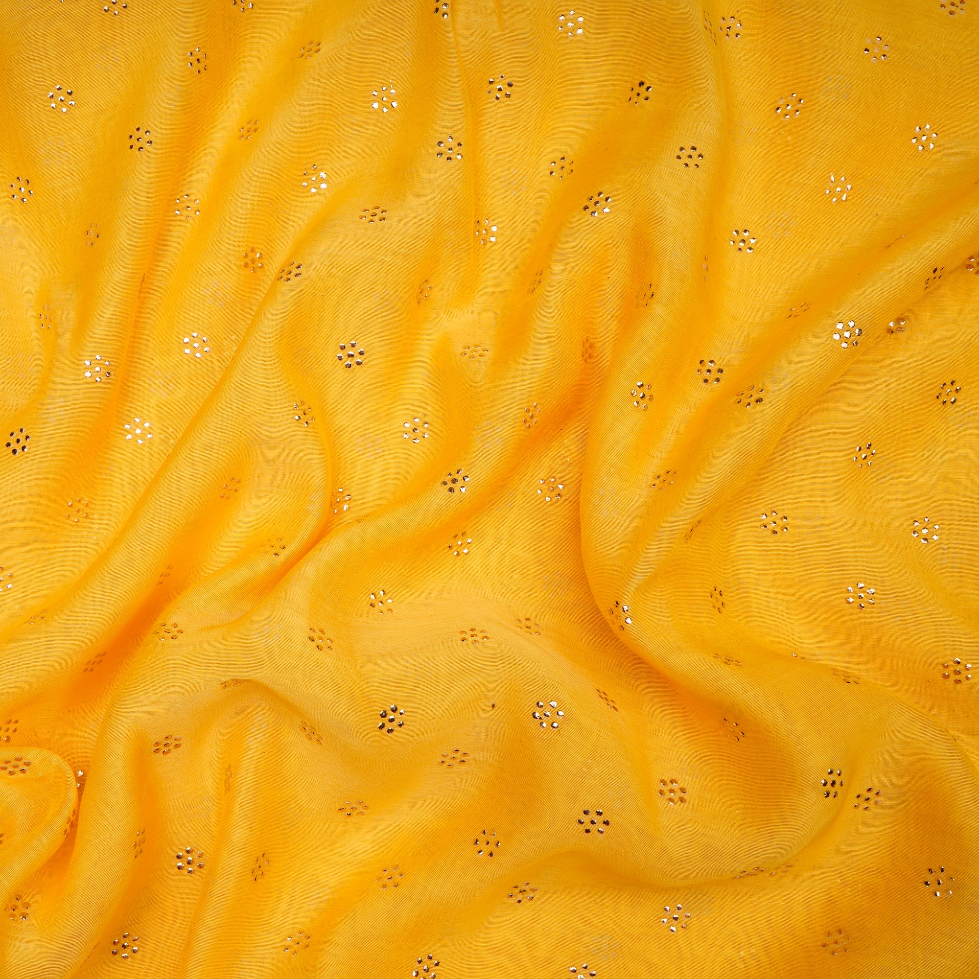 Yellow Dyed Mukaish Look Dewdrops Work Pure Fine Chanderi Fabric