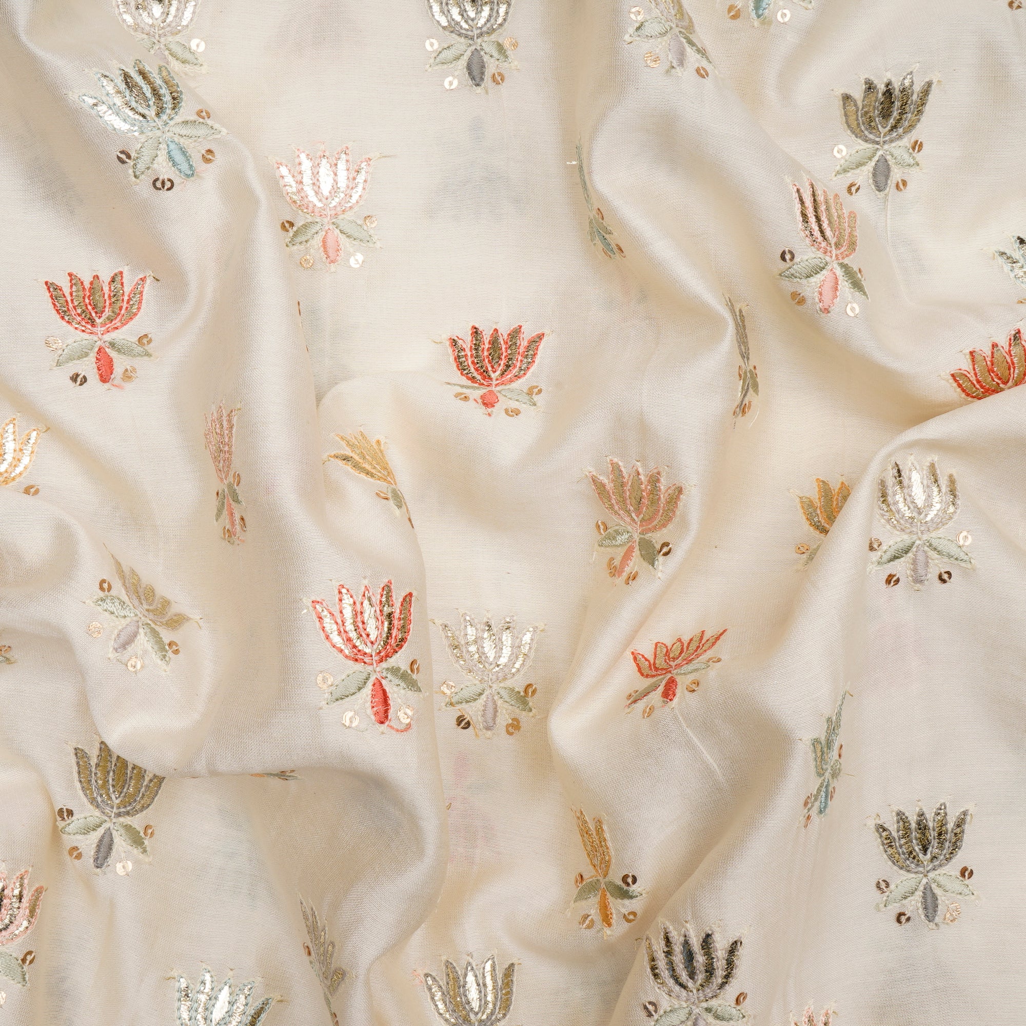 Off White Dyeable Booti Pattern Thread Embroidered Chanderi Fabric