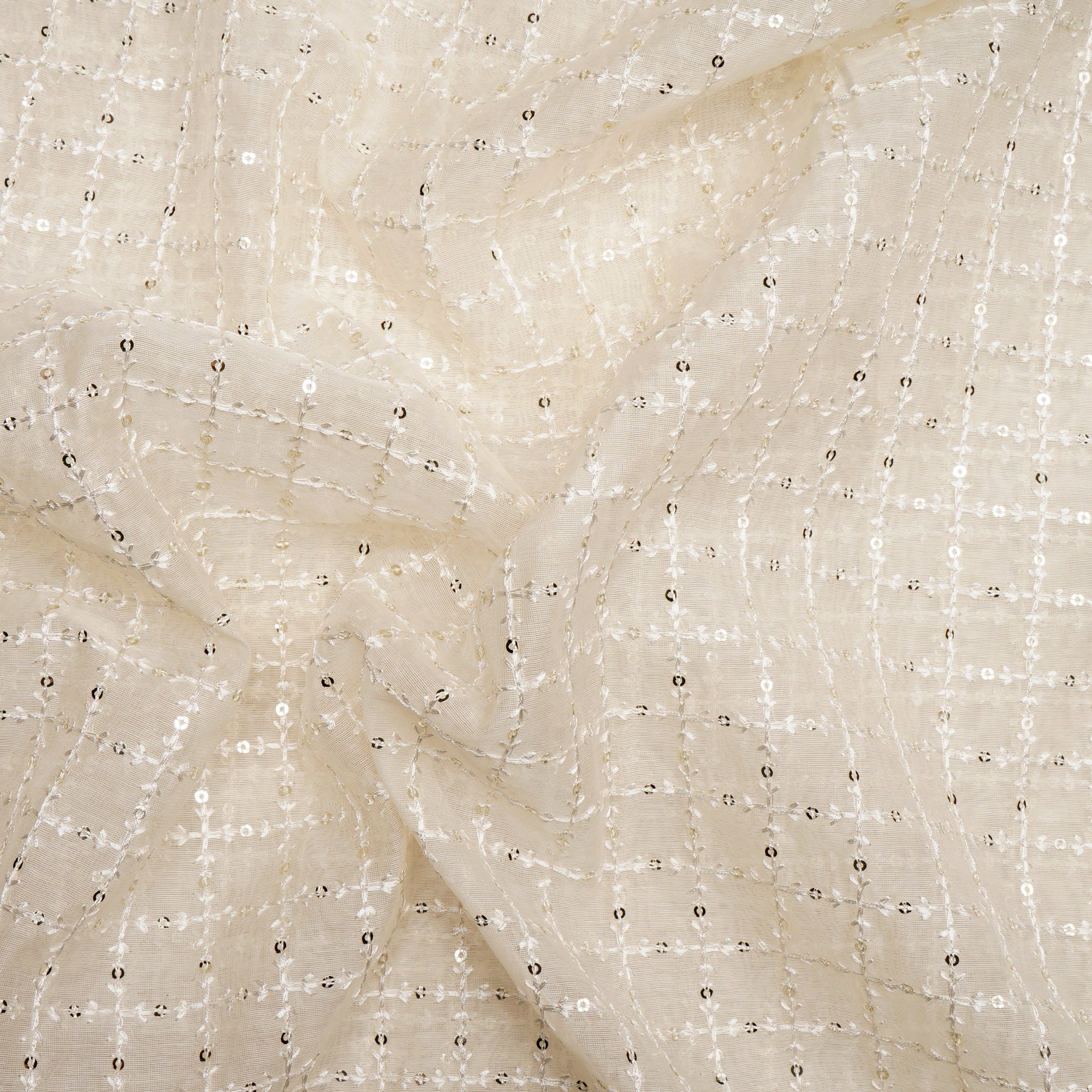 White Dyeable Check Pattern Sequins Embroidered Chanderi Fabric
