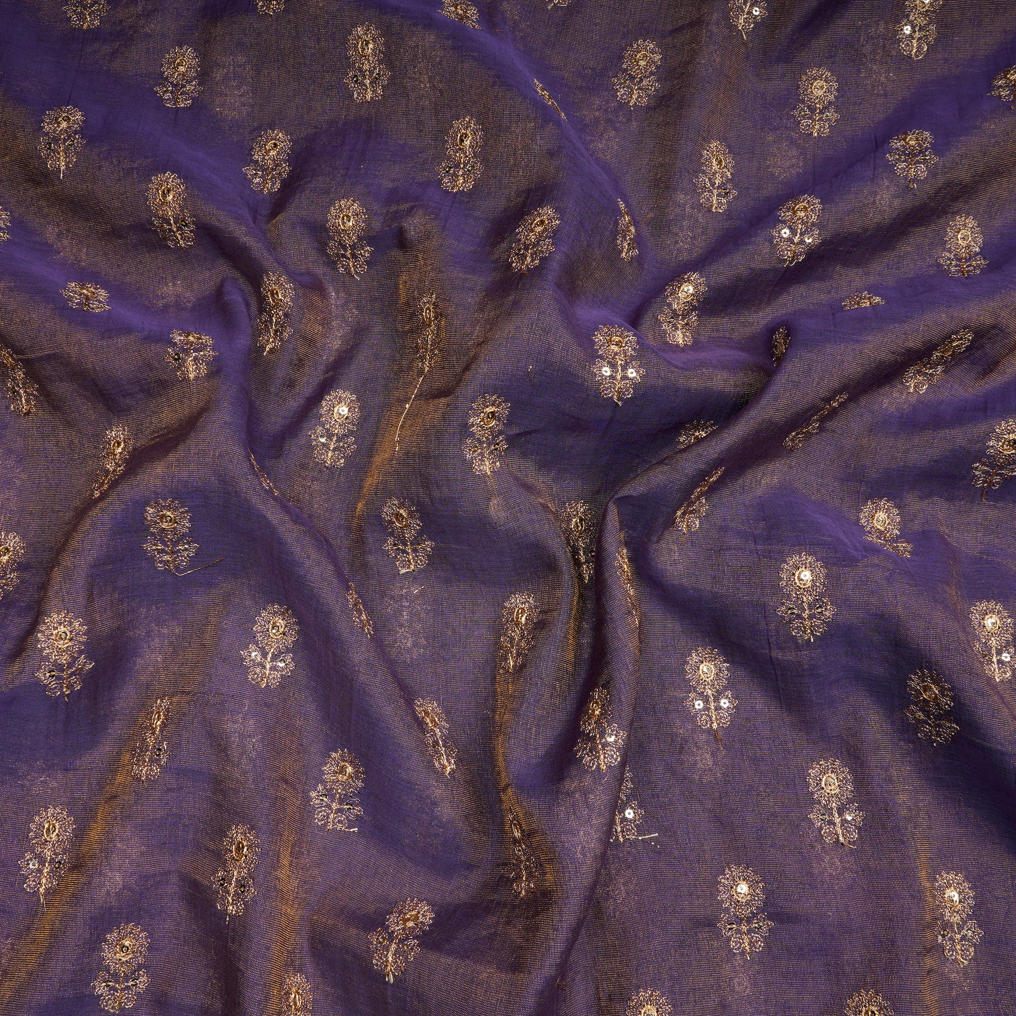 Purple-Gold Booti Pattern Thread & Sequin Embroidered Tissue Chanderi Fabric