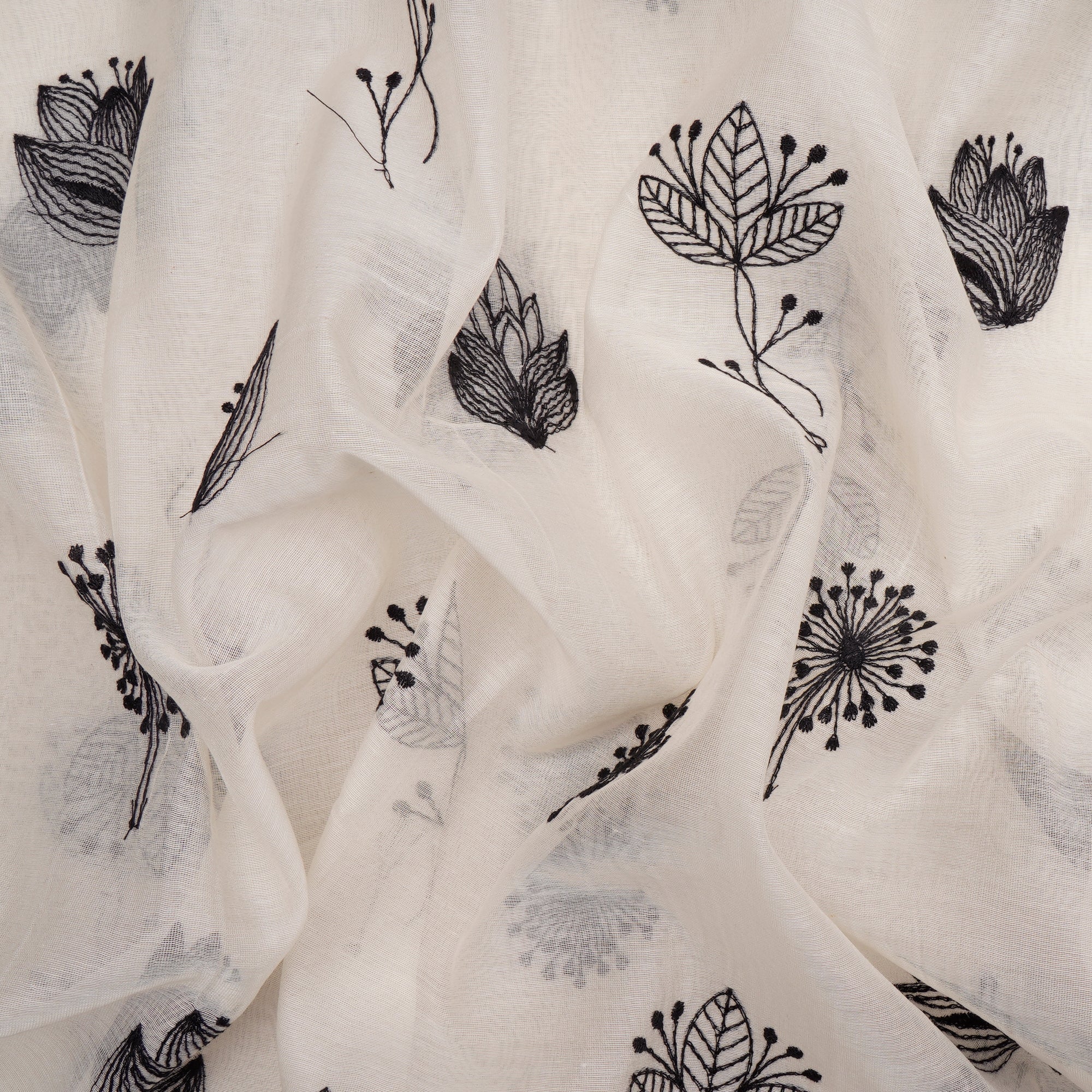 White-Black Floral Pattern Thread Embroidered Cotton Fabric