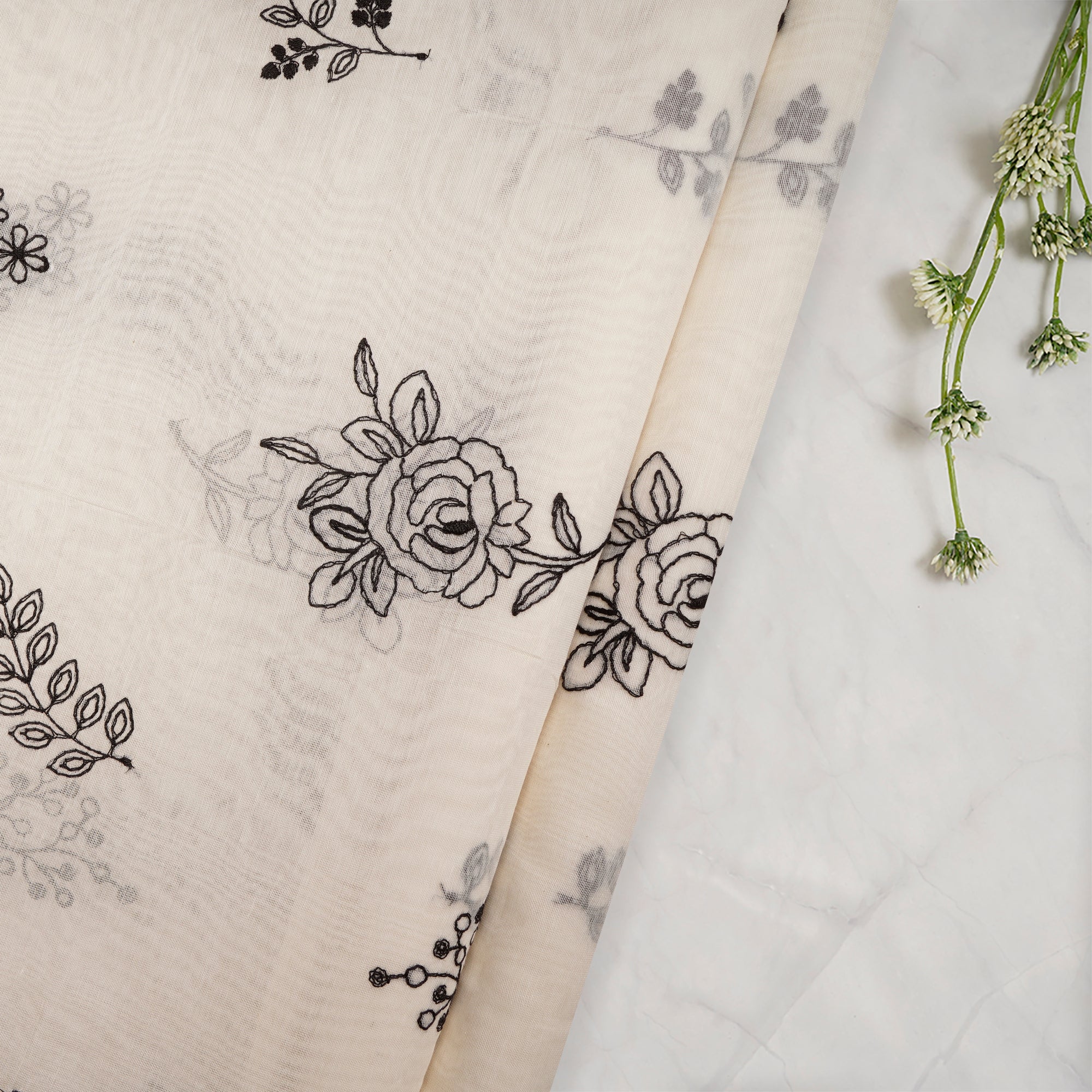 White-Black Floral Pattern Thread Embroidered Cotton Fabric