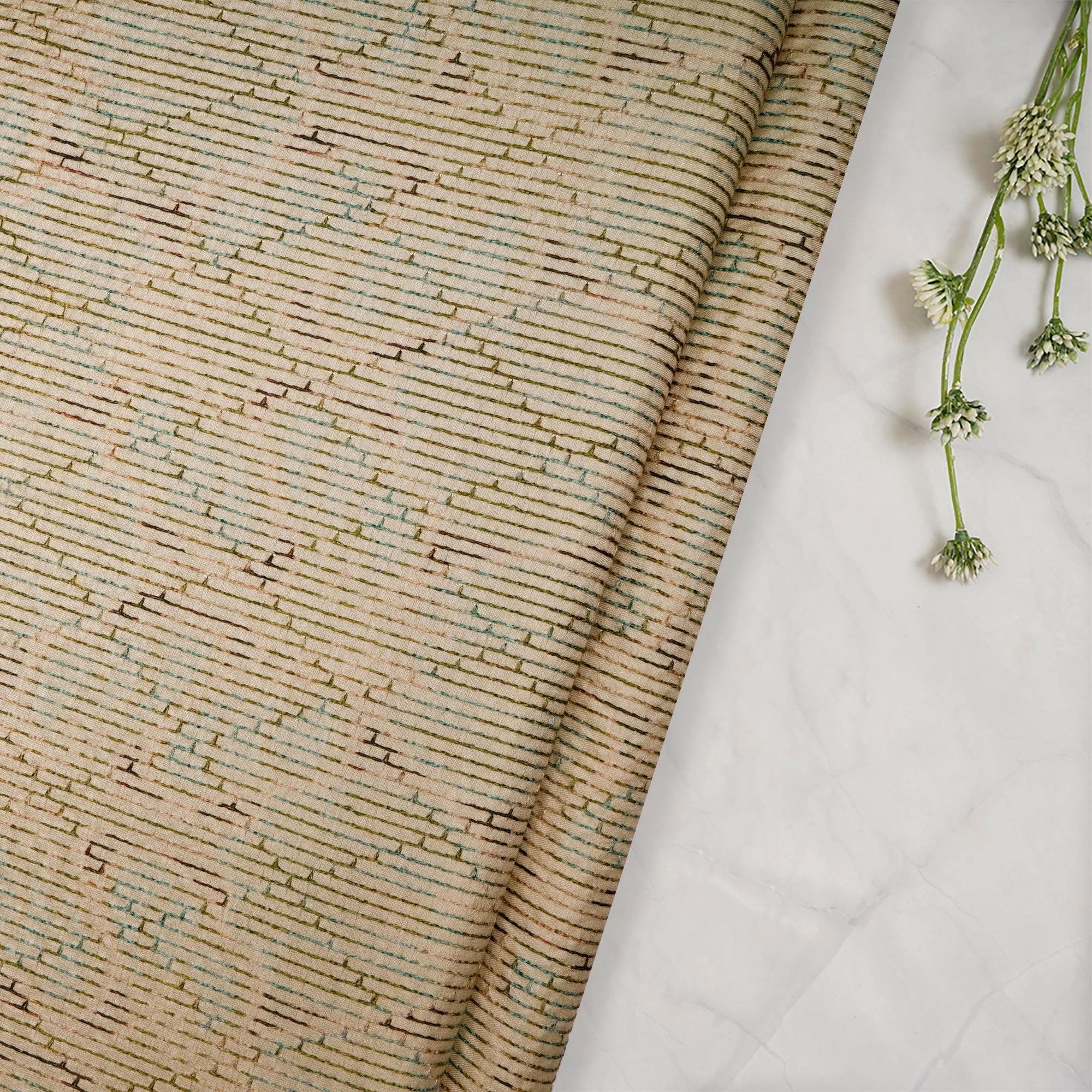 Beige-Green Geometric Pattern Thread Embroidered Viscose Tusser Fabric