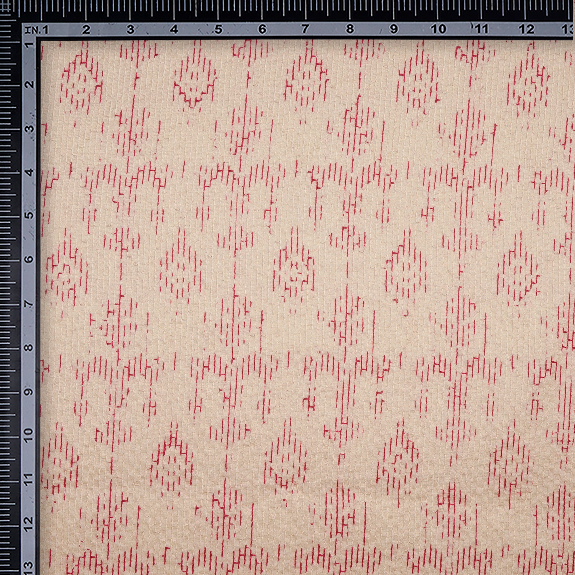 Beige-Dark Pink Geometric Pattern Thread Embroidered Viscose Tusser Fabric