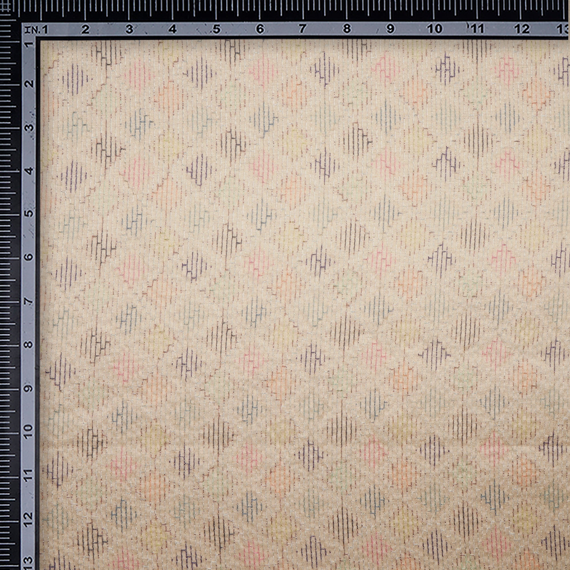 Beige-Multi Geometric Pattern Thread Embroidered Viscose Tusser Fabric