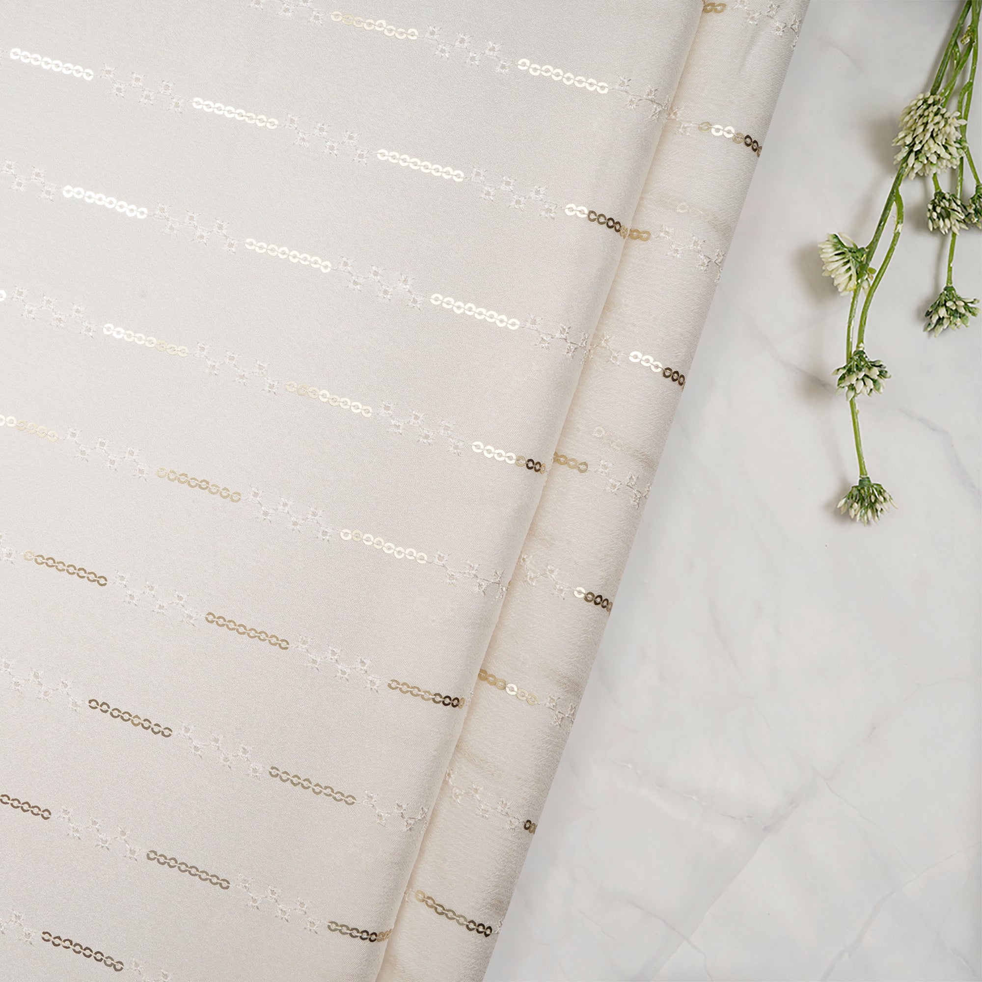 White Dyeable Stripe Pattern Thread & Sequin Embroidered Wrinkle Chinnon Fabric