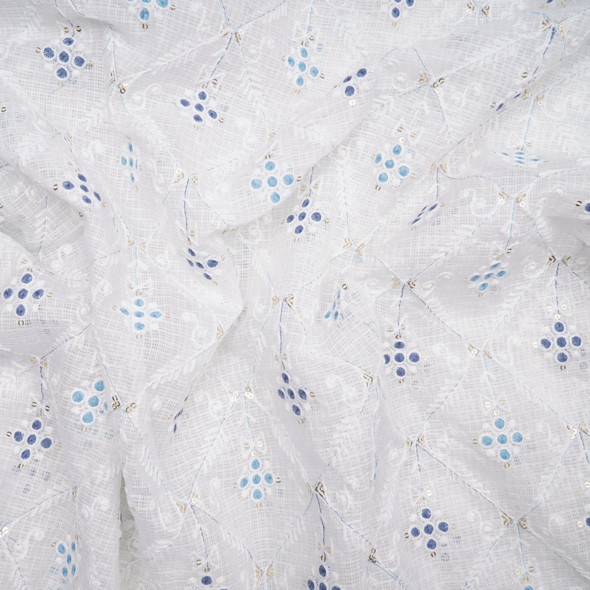 White-Blue All-Over Pattern Thread and Sequins Embroidered Kota Cotton Fabric