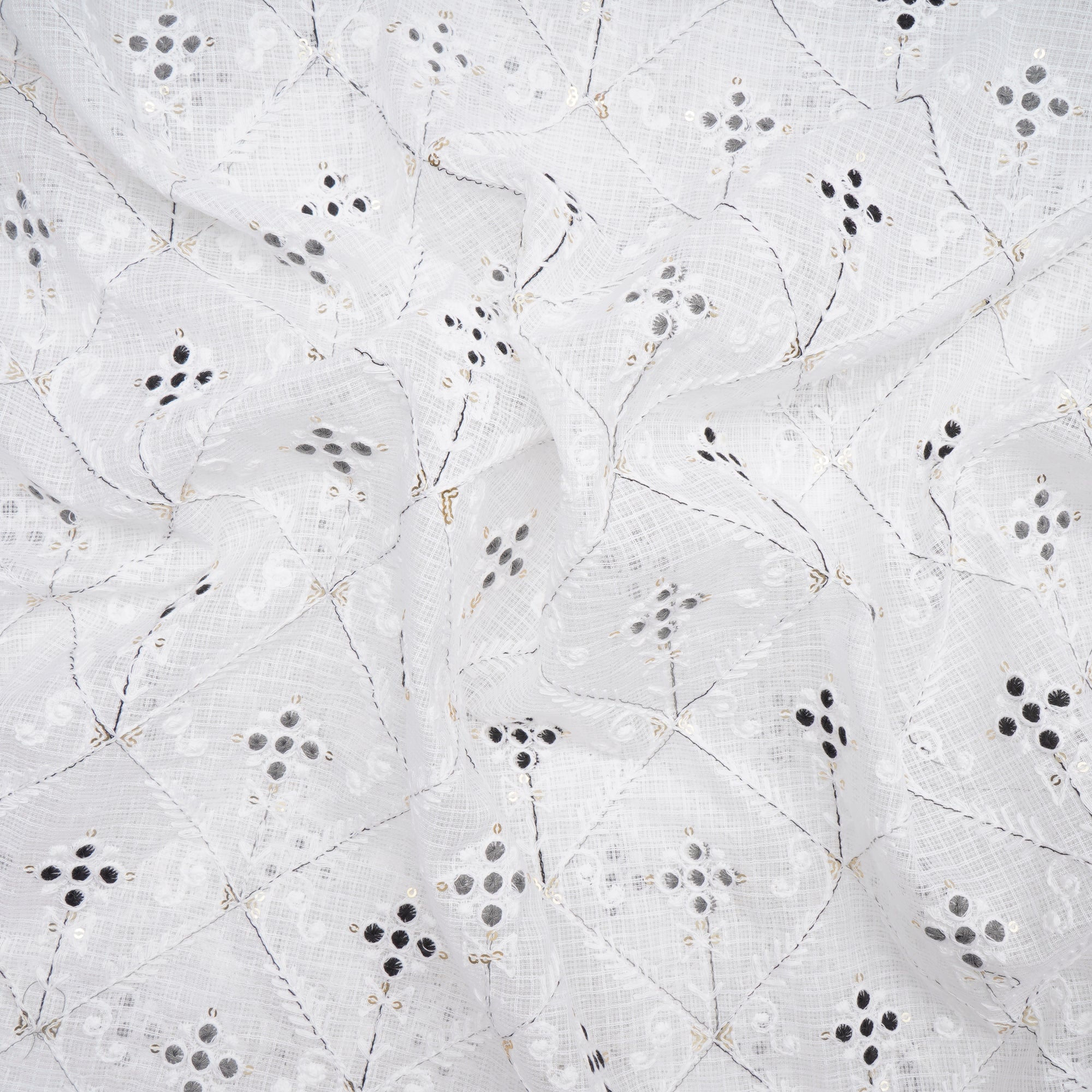 White-Black All-Over Pattern Thread and Sequins Embroidered Kota Cotton Fabric