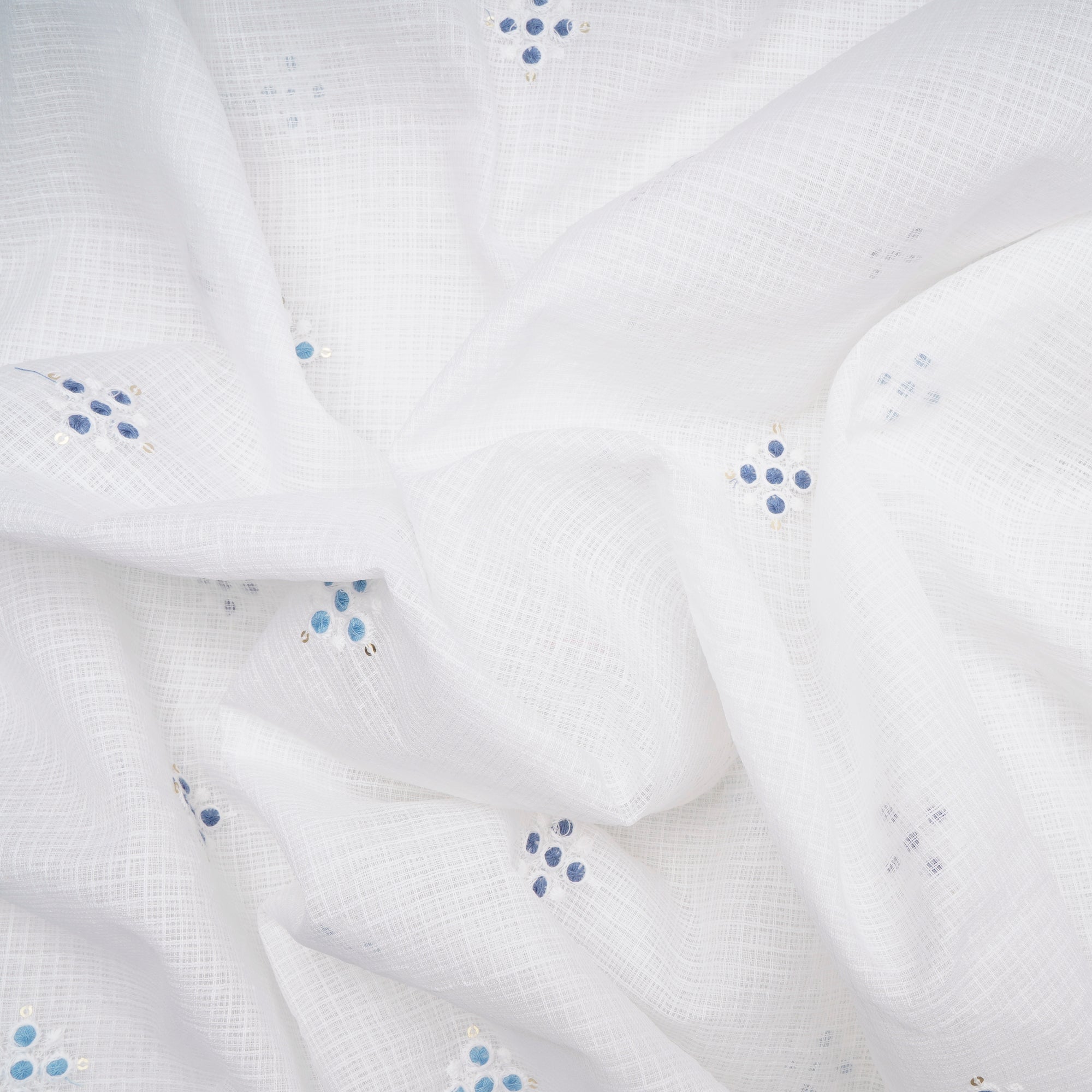 White-Blue All-Over Pattern Thread and Sequins Embroidered Kota Cotton Fabric