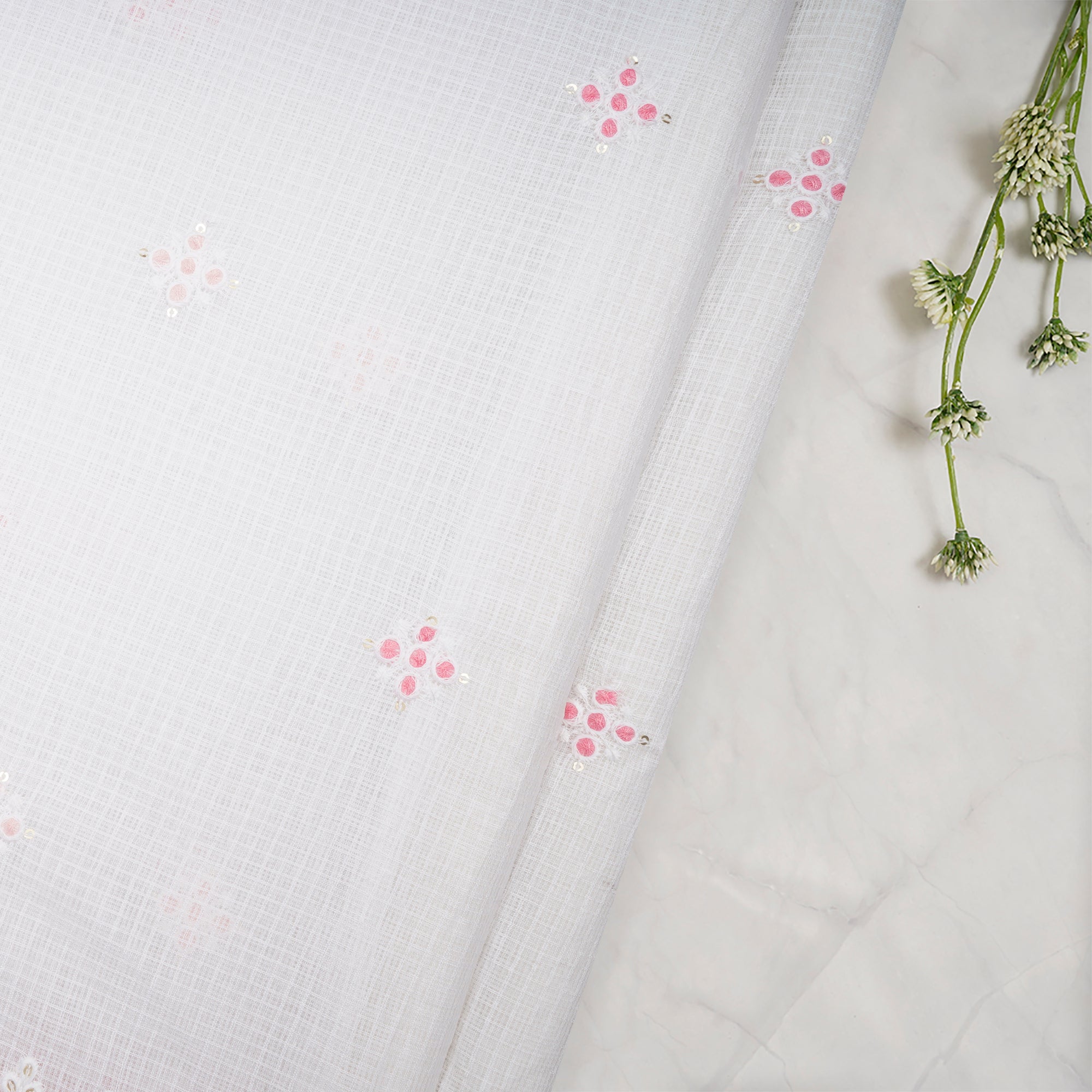 White-Pink All-Over Pattern Thread and Sequins Embroidered Kota Cotton Fabric