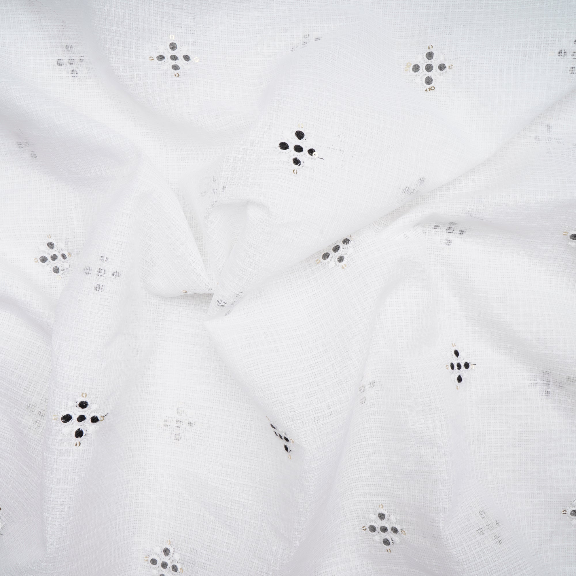 White-Black All-Over Pattern Thread and Sequins Embroidered Kota Cotton Fabric