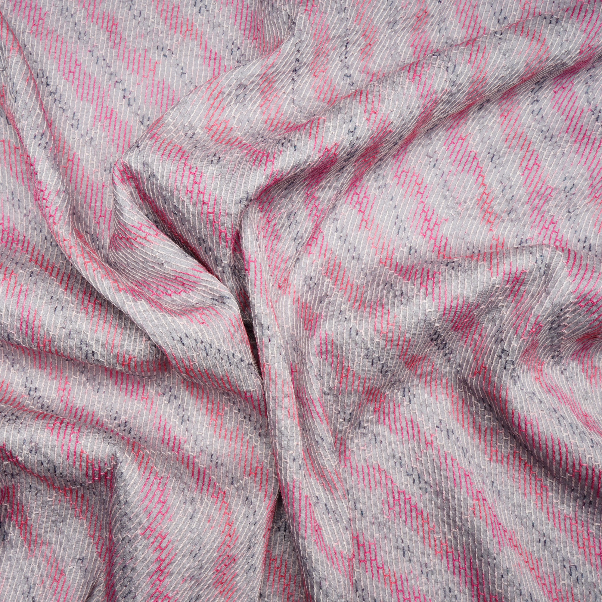 Grey-Pink Geomtric Pattern Thread Embroidered Viscose Tusser Fabric