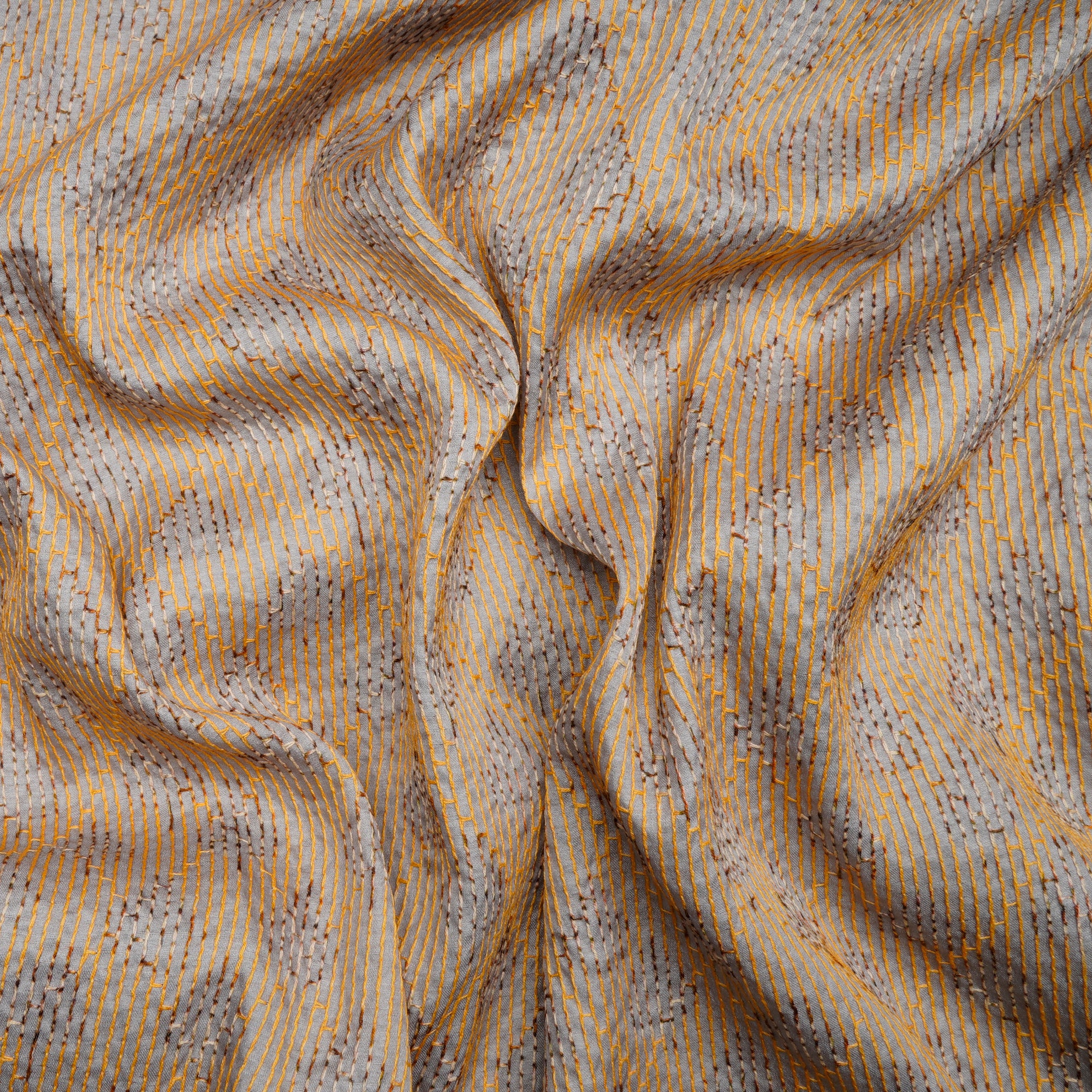 Grey-Yellow Geometric Pattern Thread Embroidered Viscose Tusser Fabric