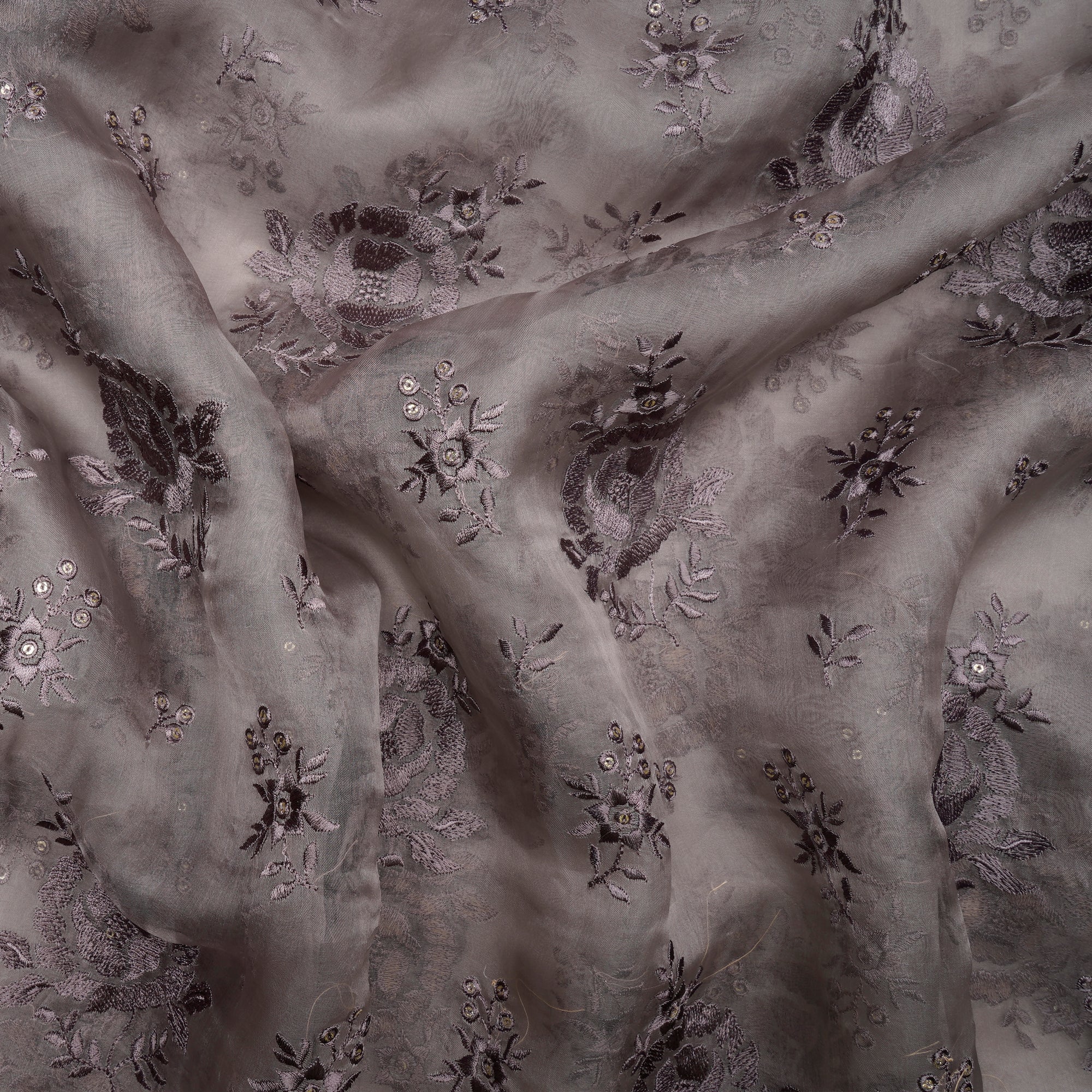 Gull Gray Floral Pattern Sequins Embroidered Organza Silk Fabric