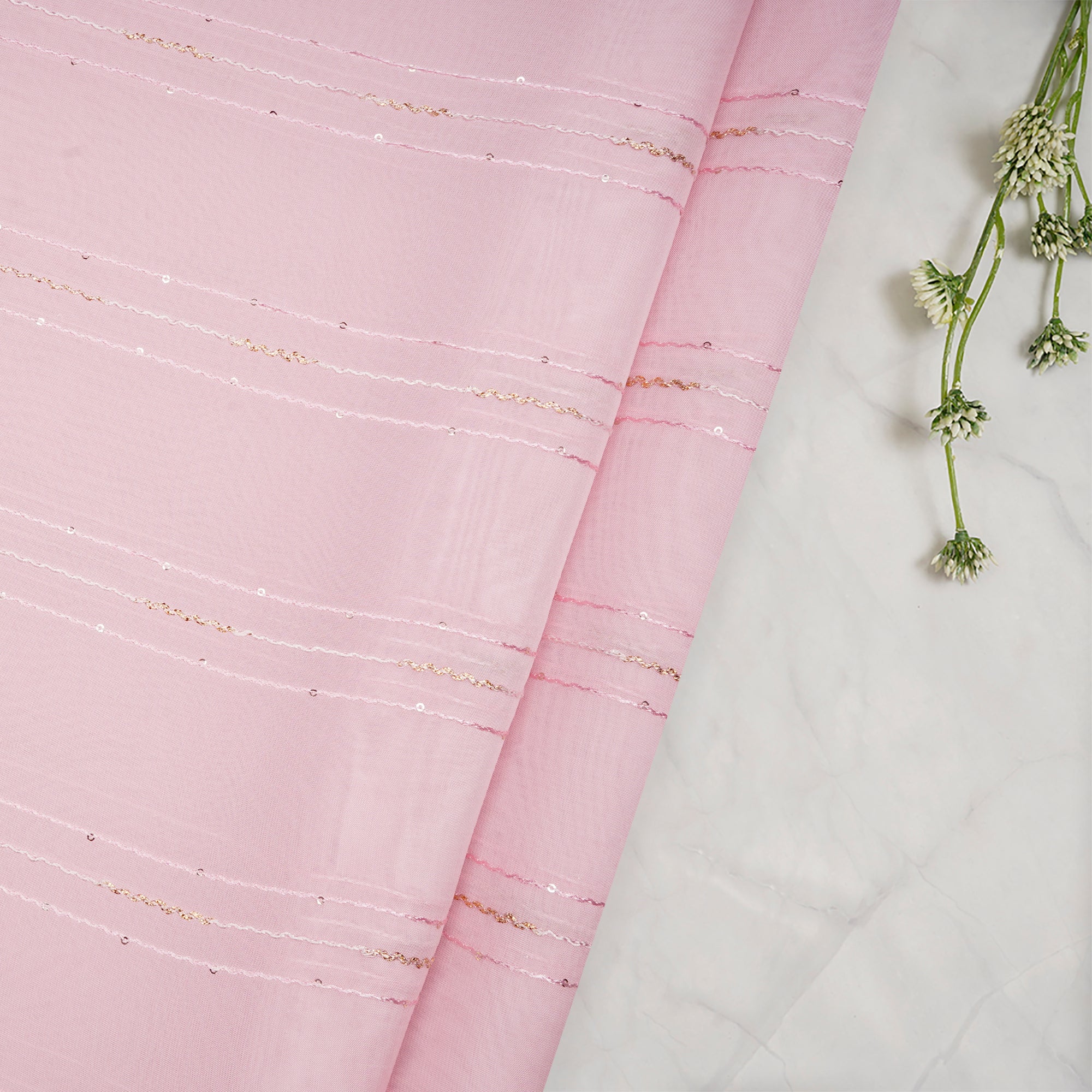 Pink Stripe Pattern Embroidered Viscose Organza Fabric