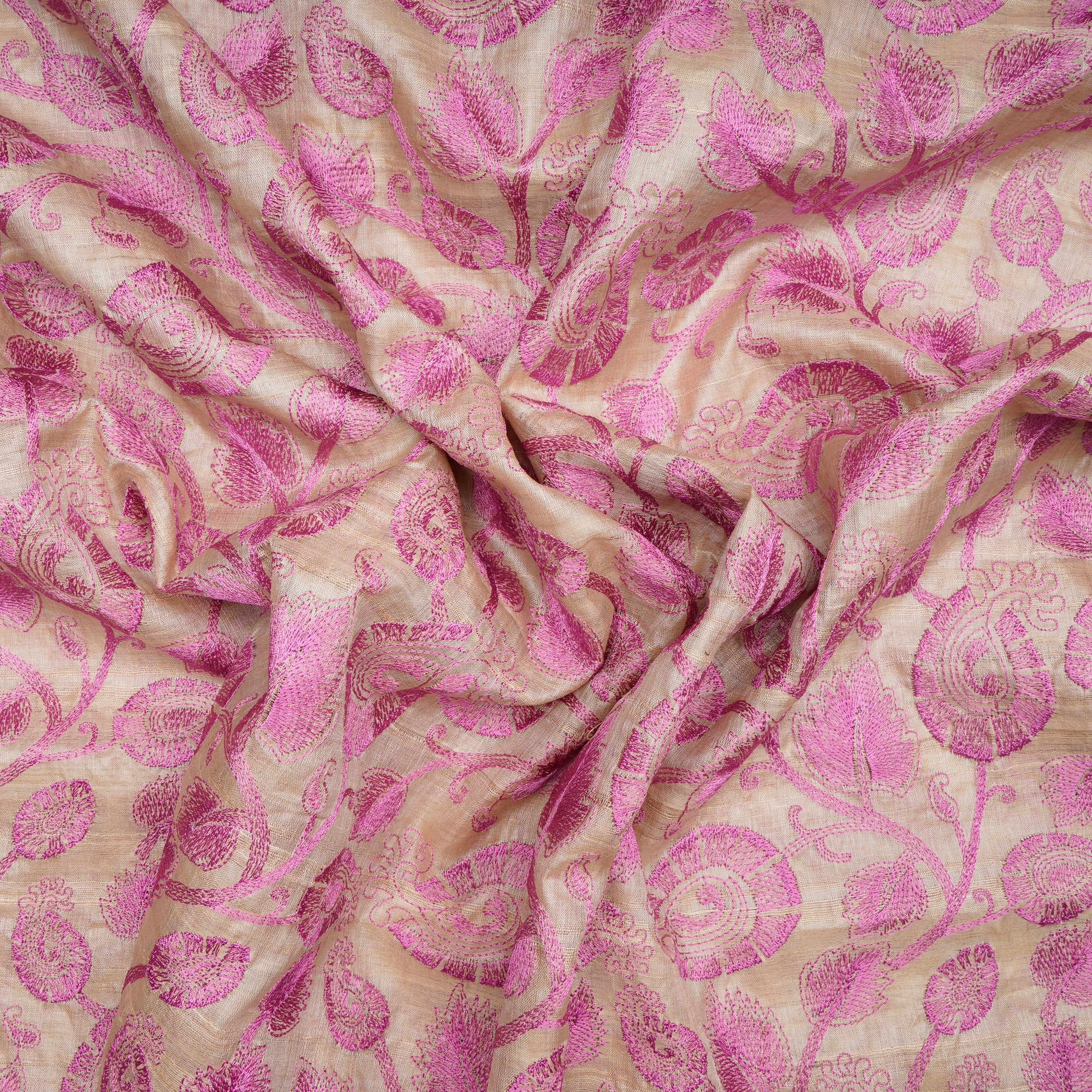Beige-Pink Floral Pattern Thread Embroidered Tusser Fabric