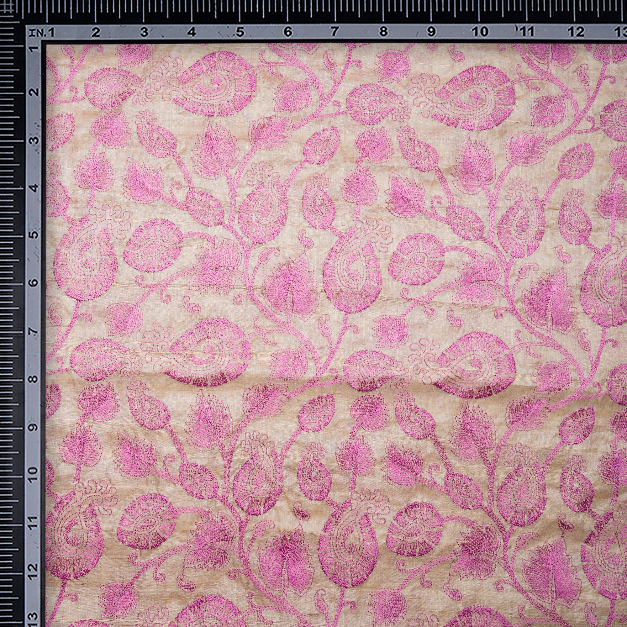 Beige-Pink Floral Pattern Thread Embroidered Tusser Fabric