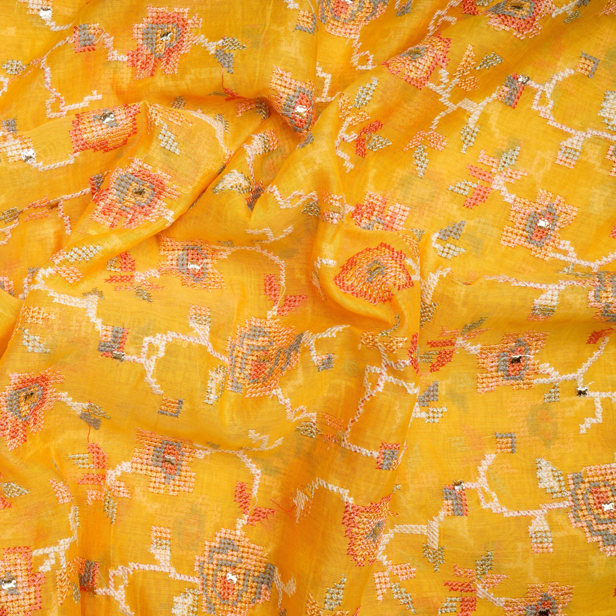 Yellow All Over Cross Stitch Pattern Thread Embroidered Pure Chanderi Fabric