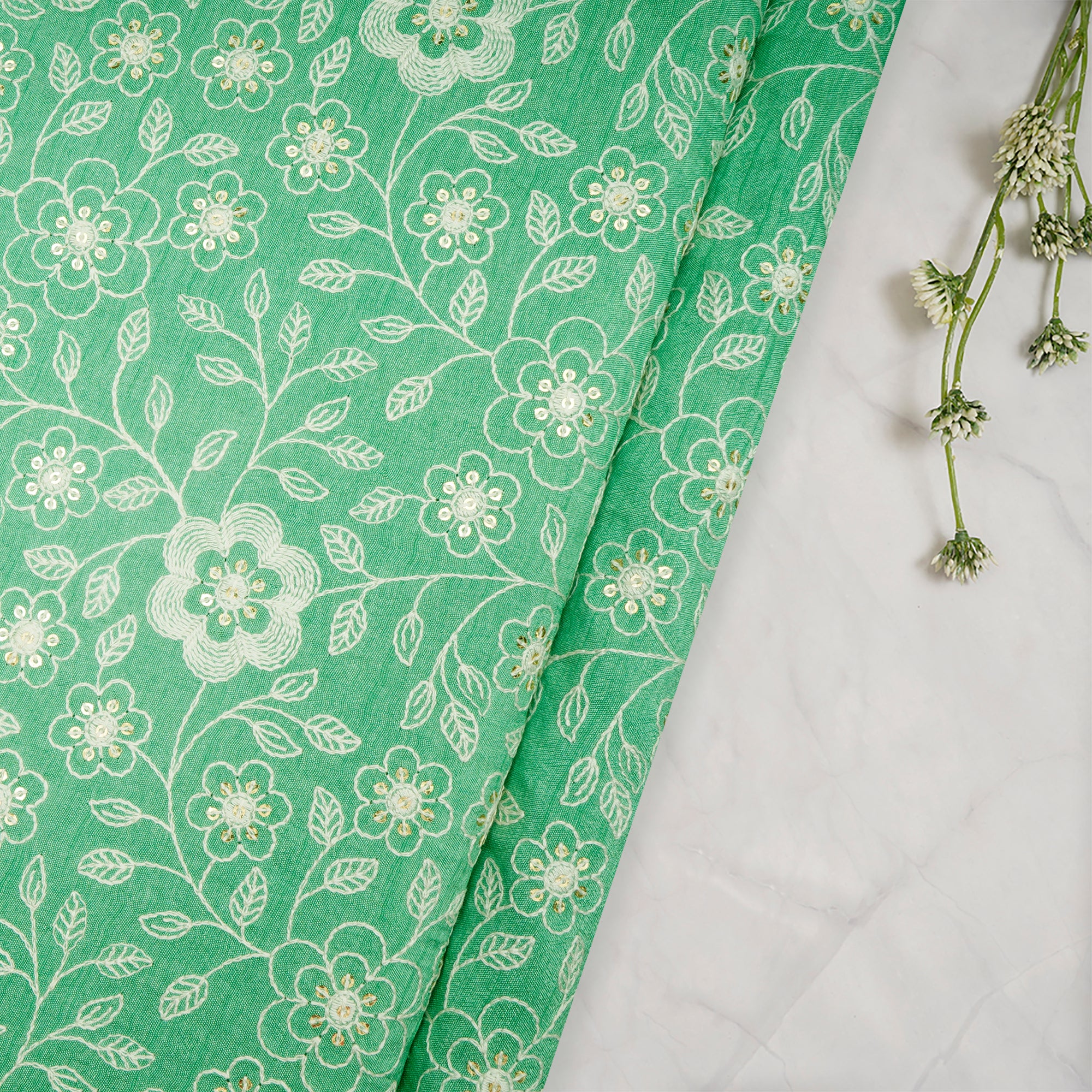 Absinthe Green Floral Pattern Thread Embroidered Viscose Fabric