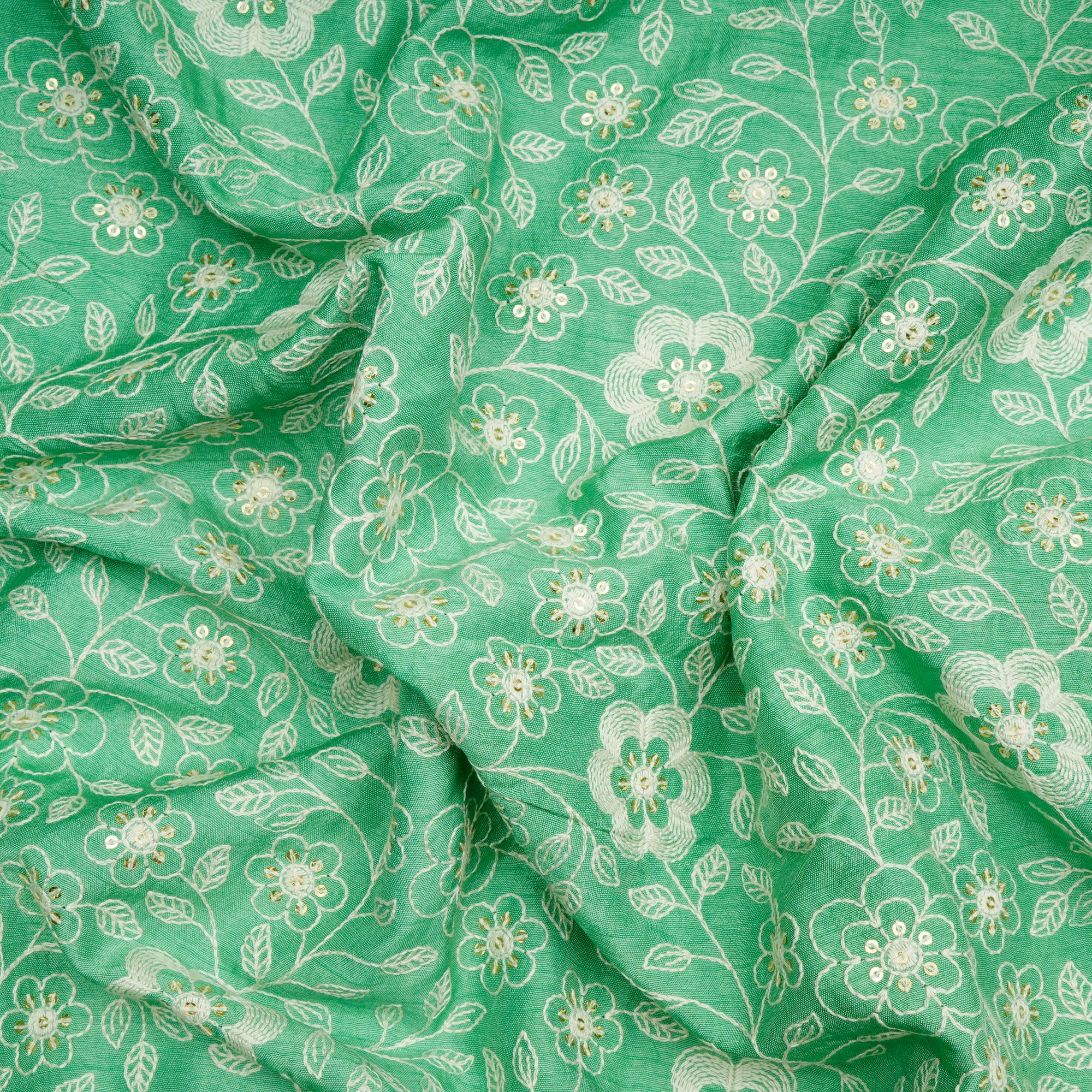 Absinthe Green Floral Pattern Thread Embroidered Viscose Fabric
