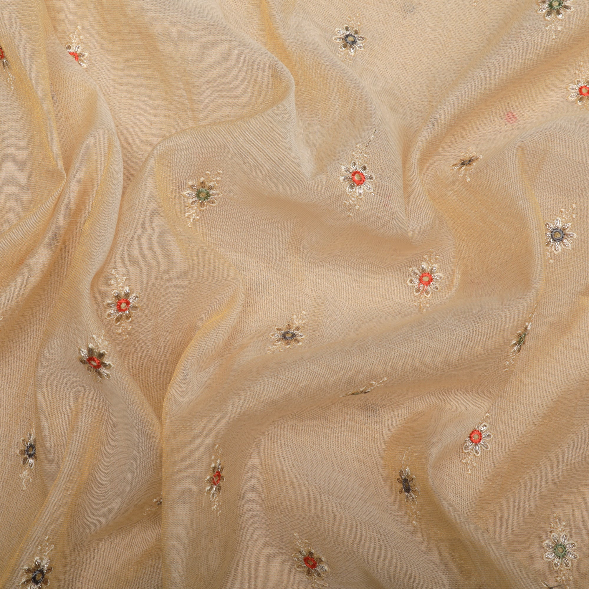 Beige Floral Motif Pattern Embroidered Tissue Chanderi Fabric