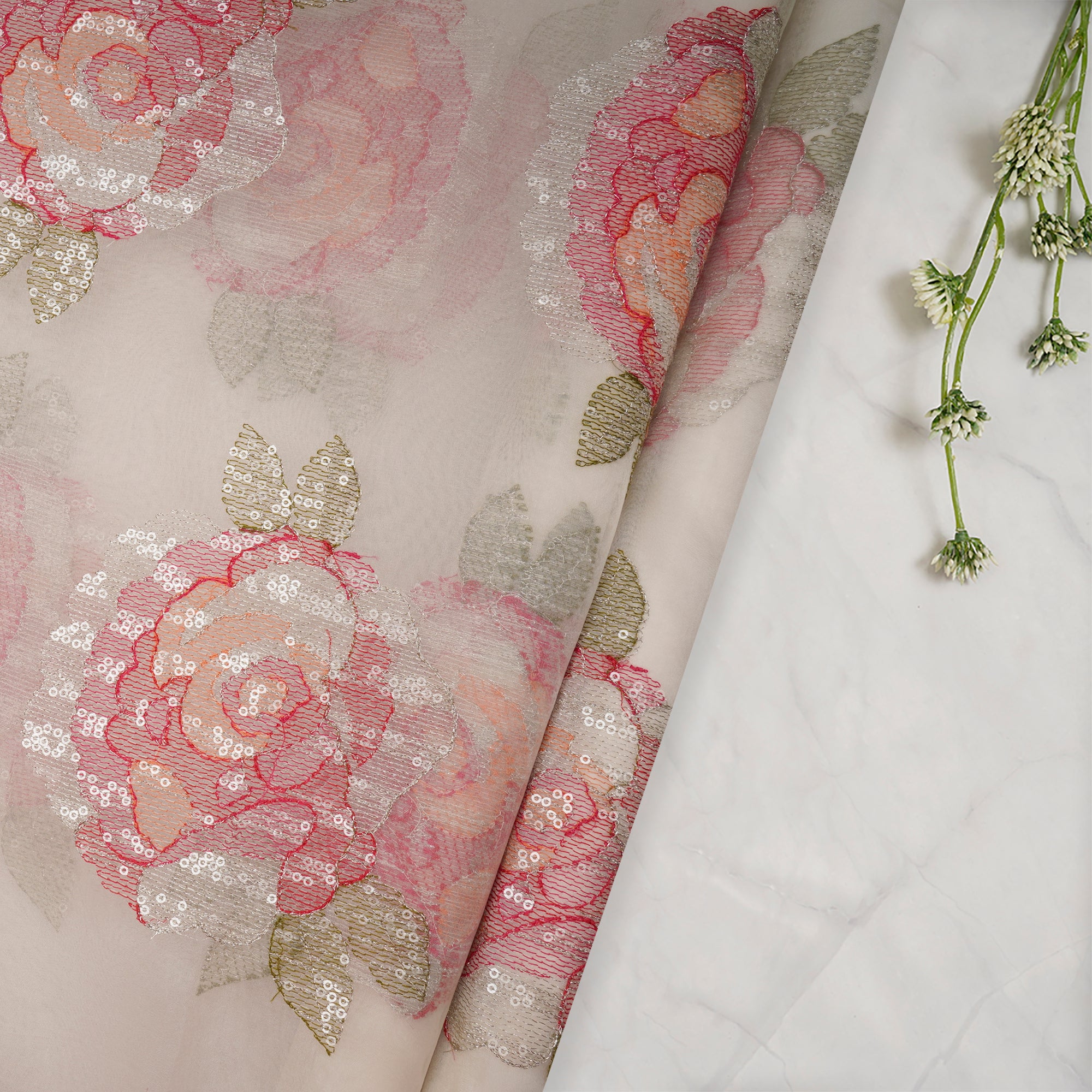 Off-White Dyeable Floral Pattern Jari & Sequins Embroidered Organza Silk Fabric