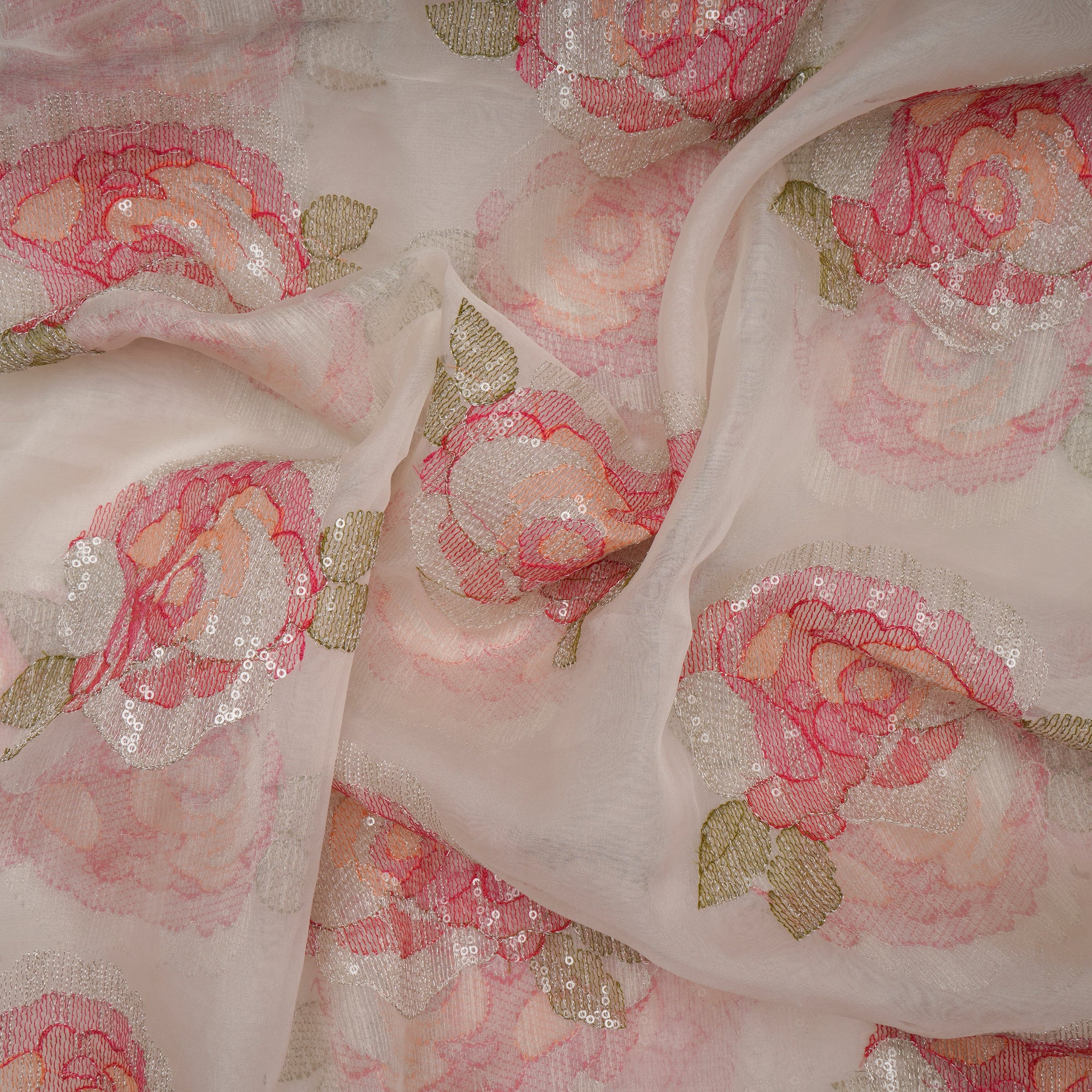 Off-White Dyeable Floral Pattern Jari & Sequins Embroidered Organza Silk Fabric