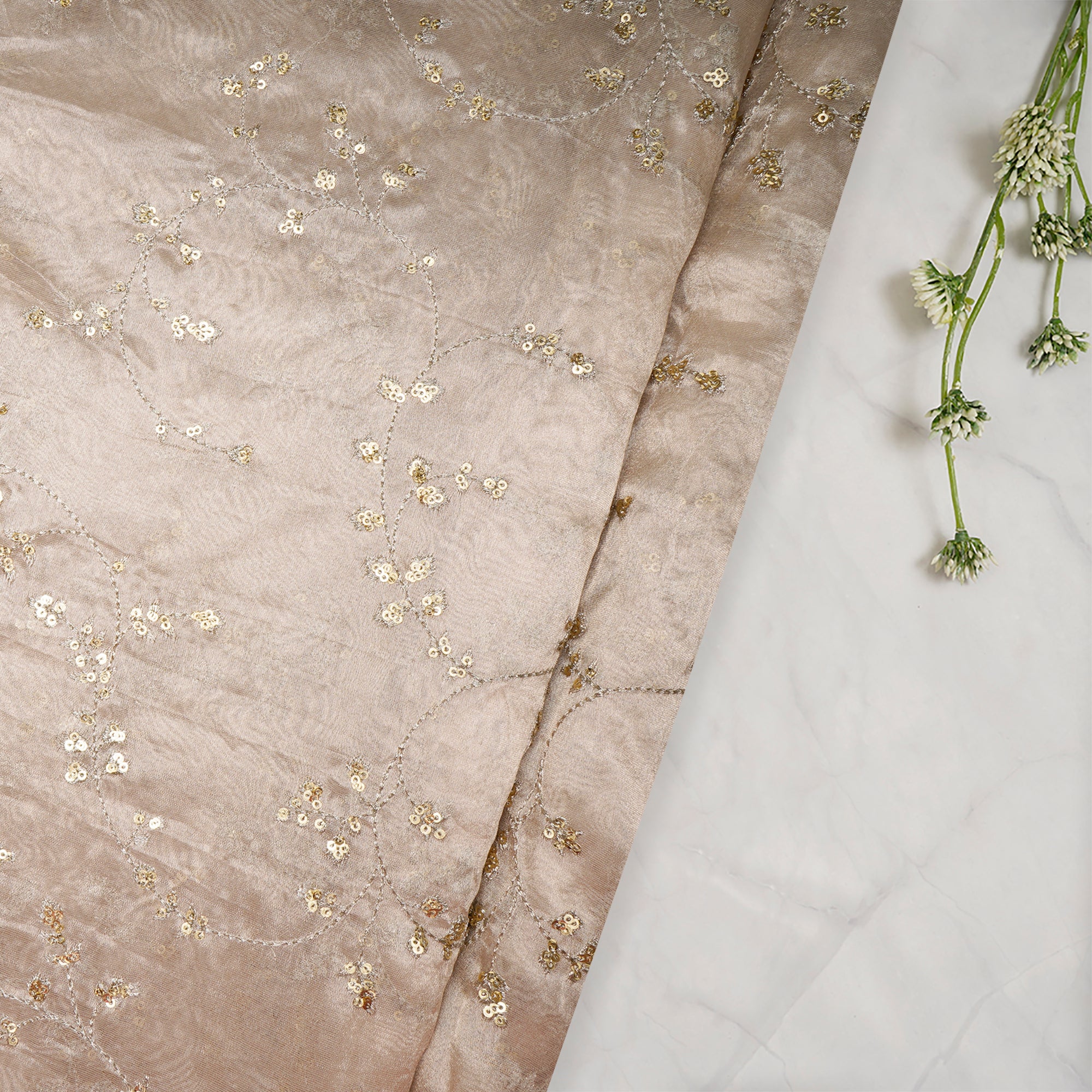 Perfectly Pale Dyeable All Over Pattern Zari & Sequins Embroidered Tissue Fabric