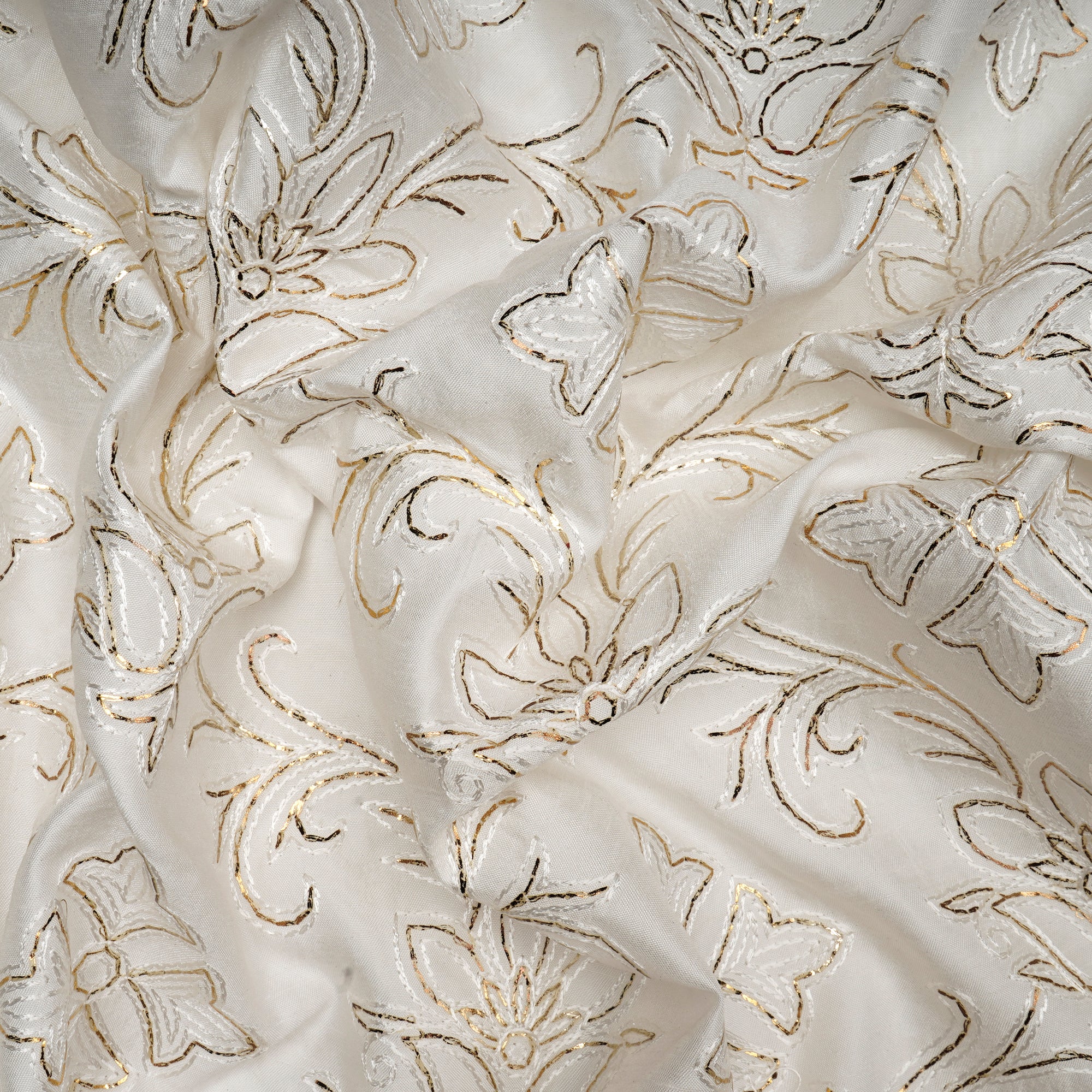White Dyeable Floral Pattern Badla Work Embroidered Viscose Satin Dupion Fabric