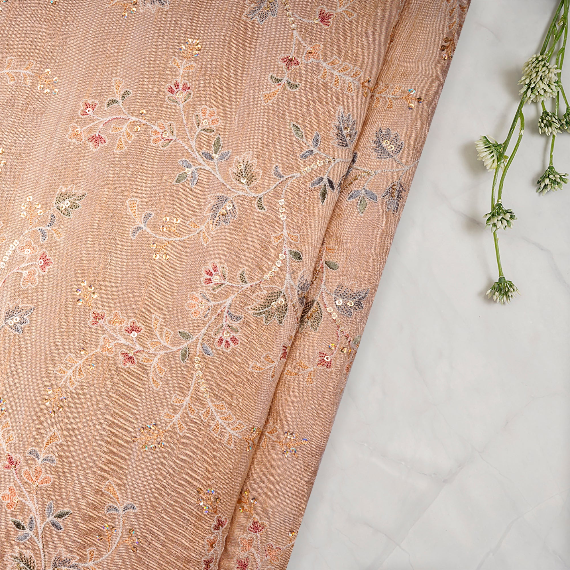 Peach Floral Pattern Thread & Sequins Embroidered Muga Silk Fabric