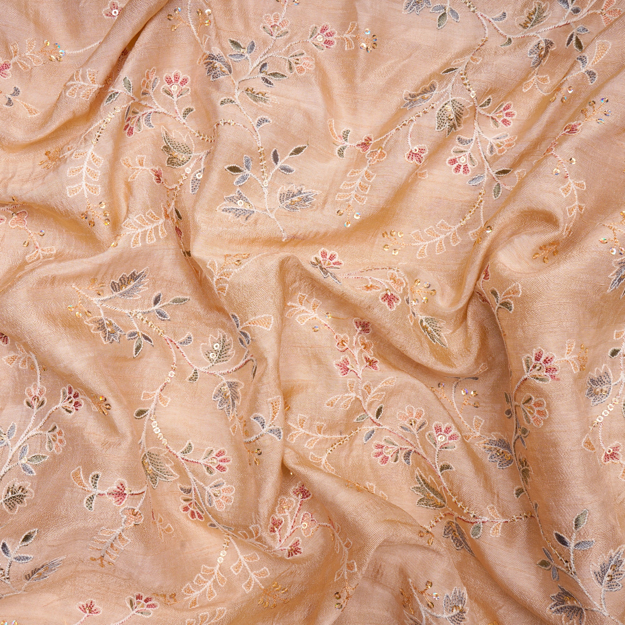 Peach Floral Pattern Thread & Sequins Embroidered Muga Silk Fabric