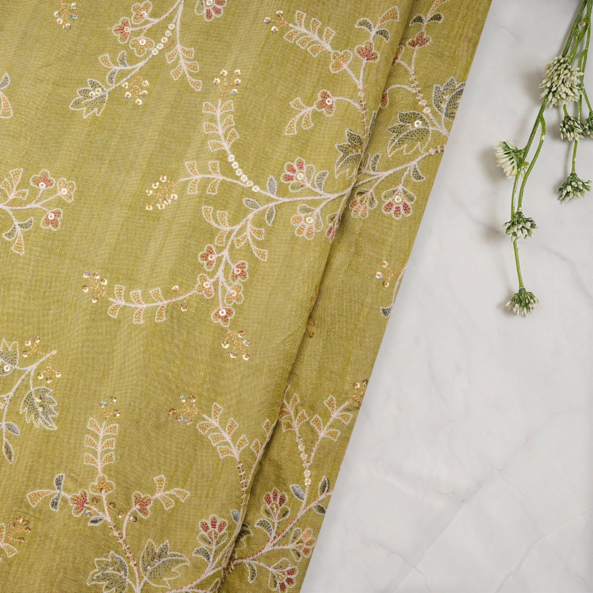 Golden Mist Floral Pattern Thread & Sequins Embroidered Muga Silk Fabric