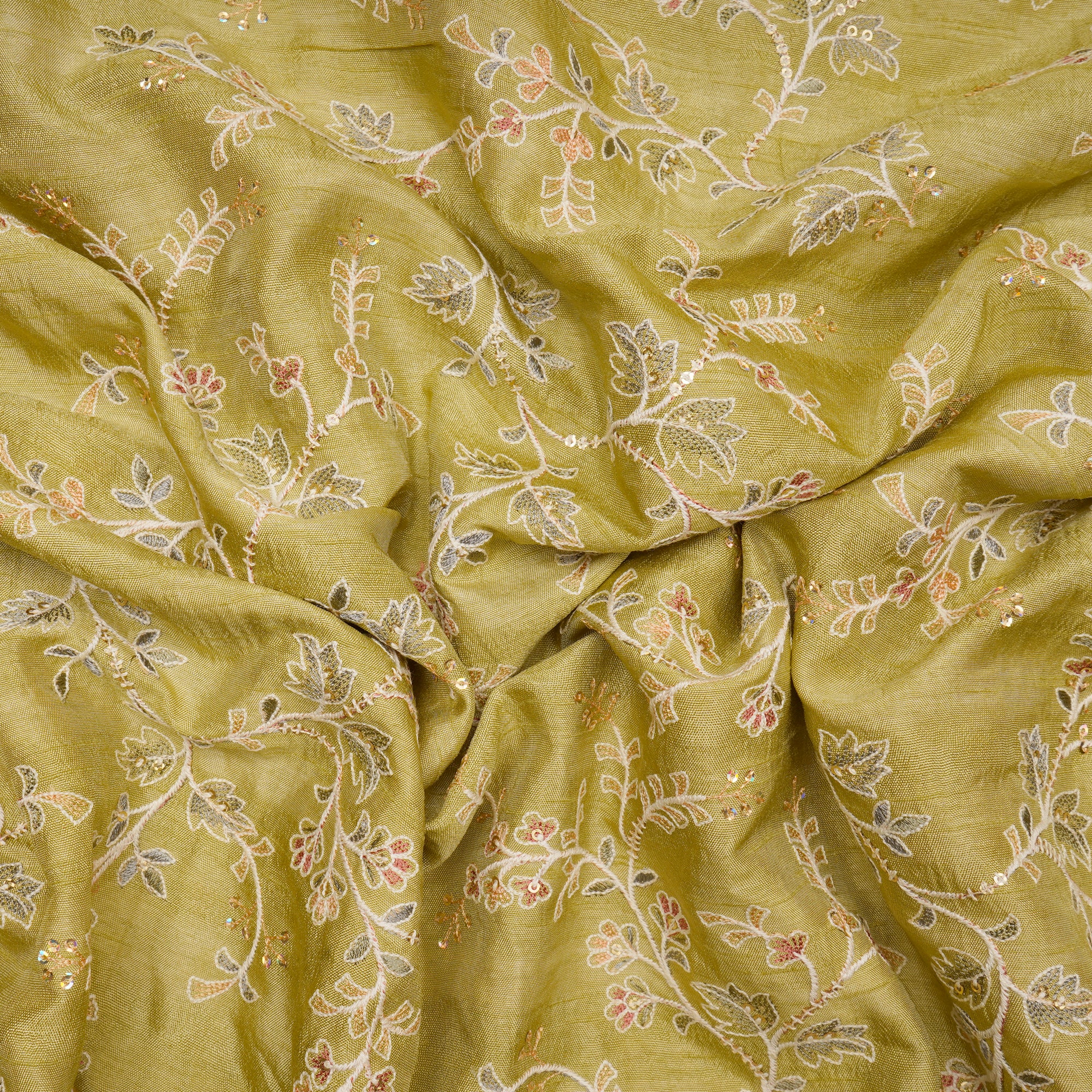 Golden Mist Floral Pattern Thread & Sequins Embroidered Muga Silk Fabric