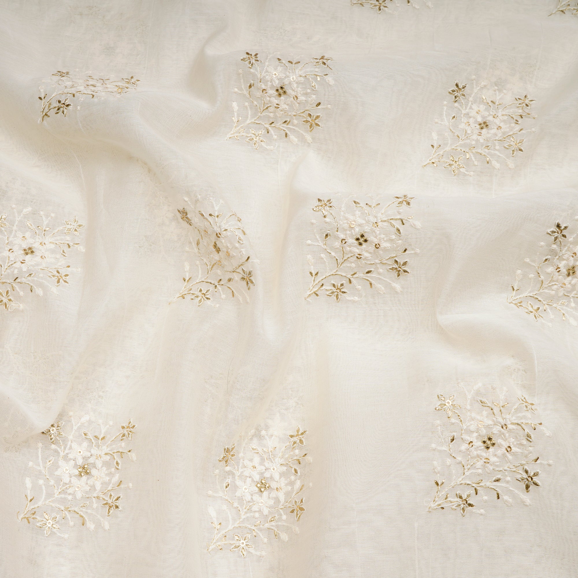 White Dyeable Motif Pattern Thread & Sequin Embroidered Chanderi Fabric