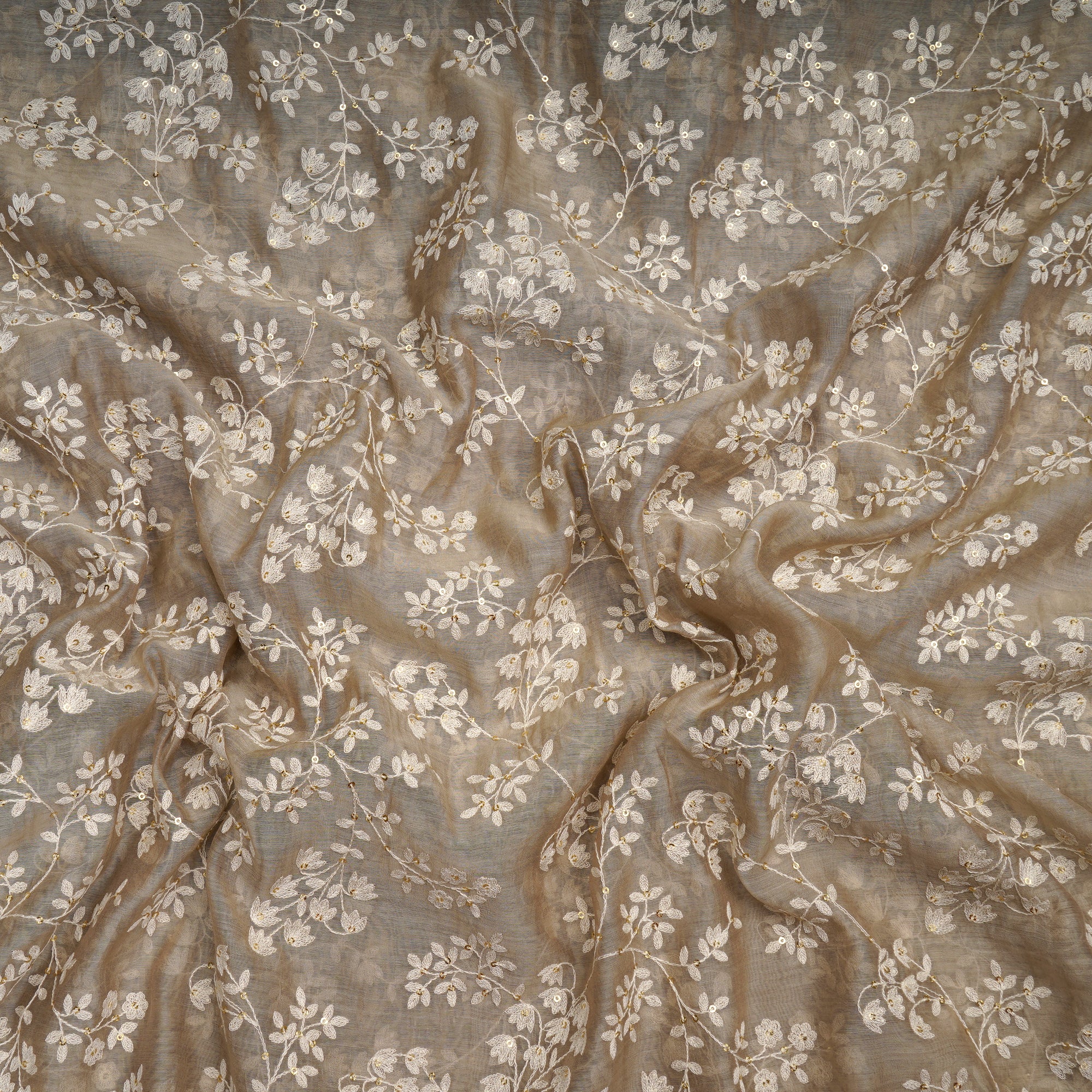 Light Grey Dyed All Over Pattern Thread & Sequin Embroidered Chanderi Fabric