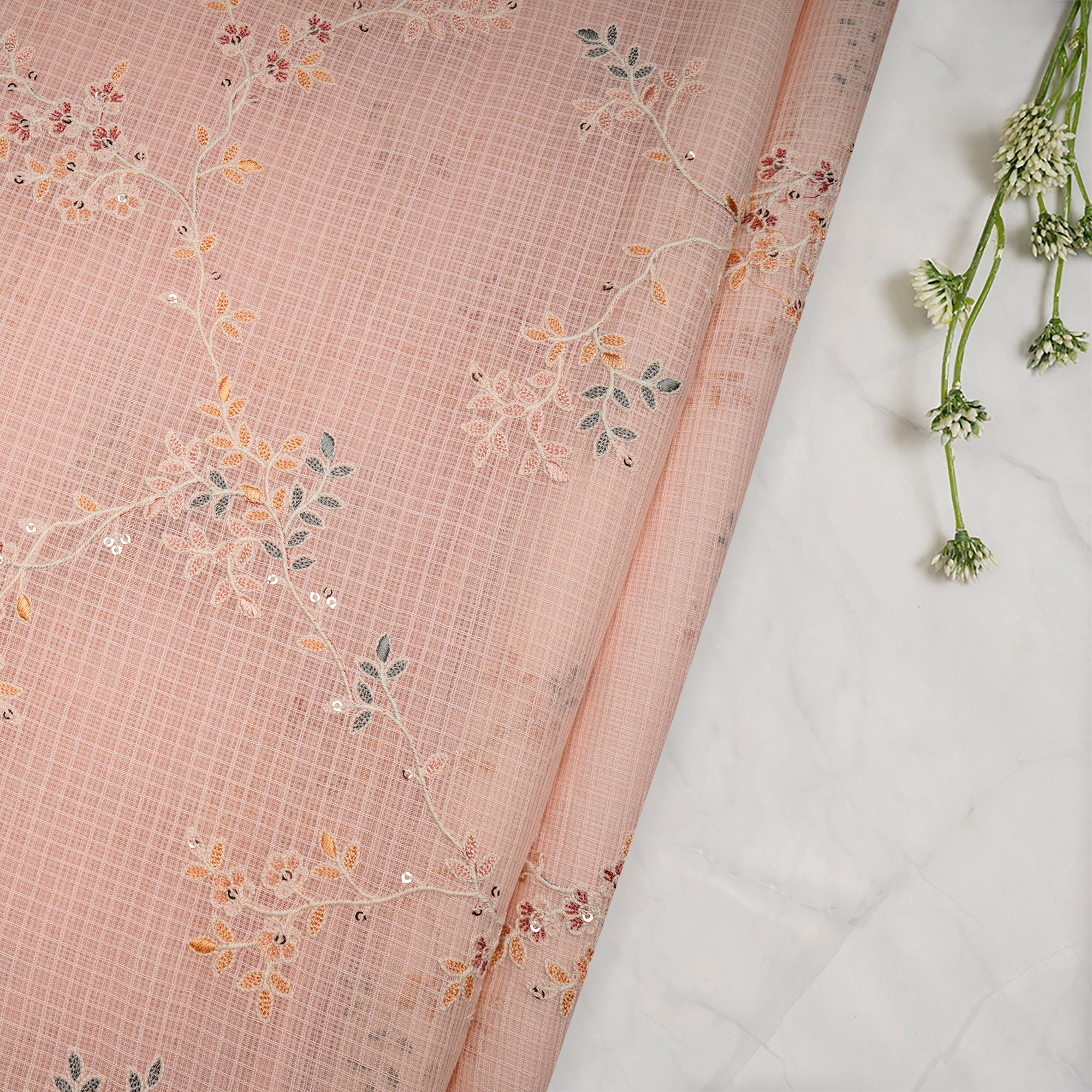 Scallop Shell All Over Pattern Thread & Sequin Embroidered Cotton Kota Fabric