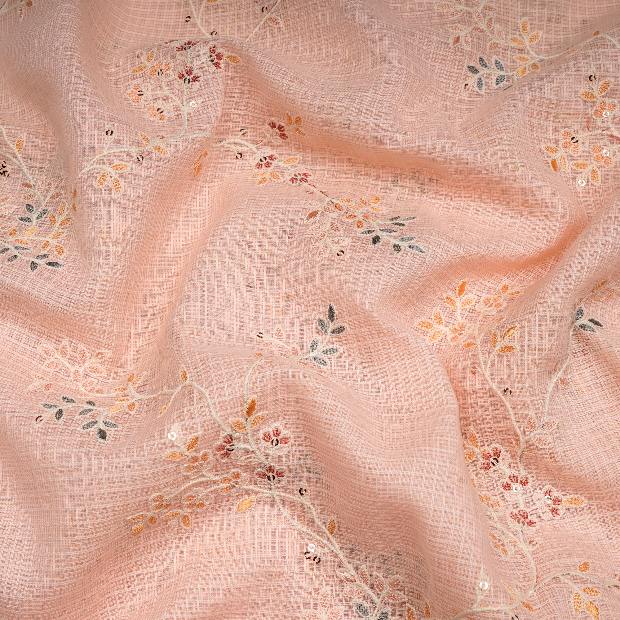 Scallop Shell All Over Pattern Thread & Sequin Embroidered Cotton Kota Fabric