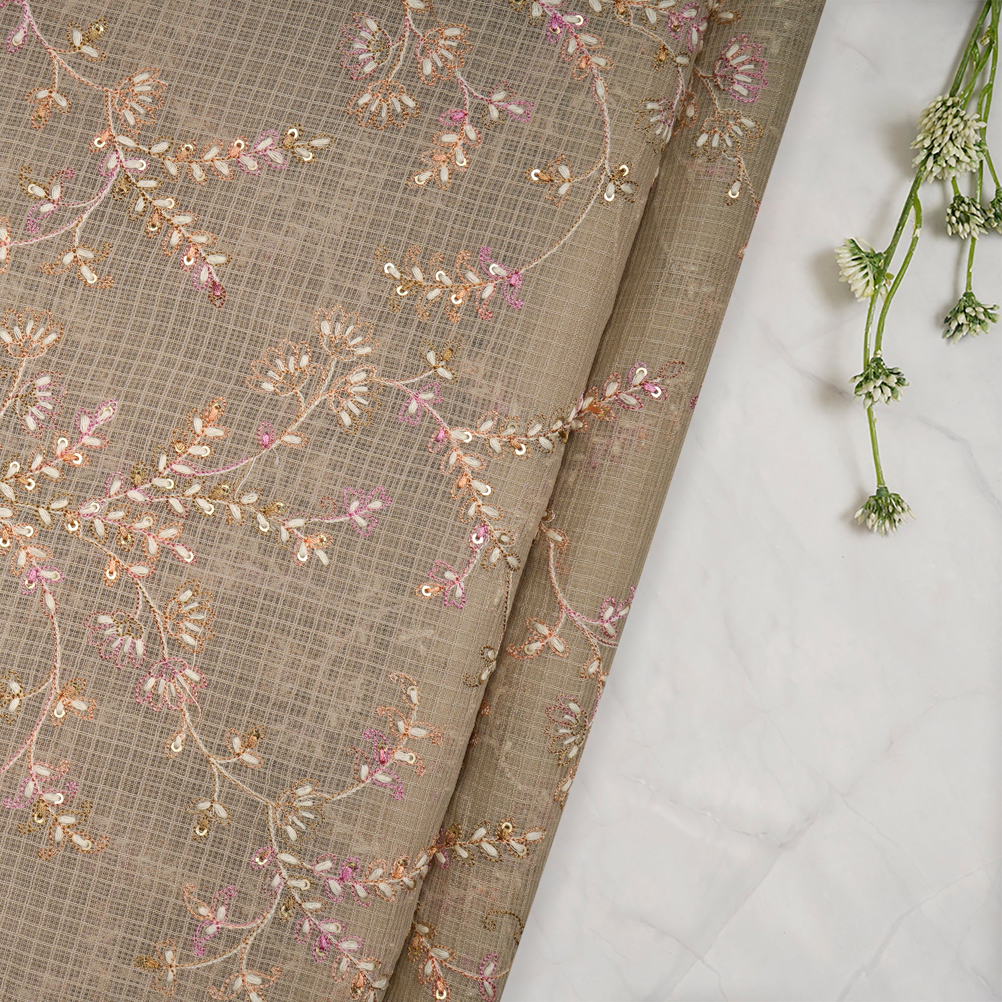 Light Beige Floral Pattern Thread & Sequin Embroidered Cotton Kota Fabric