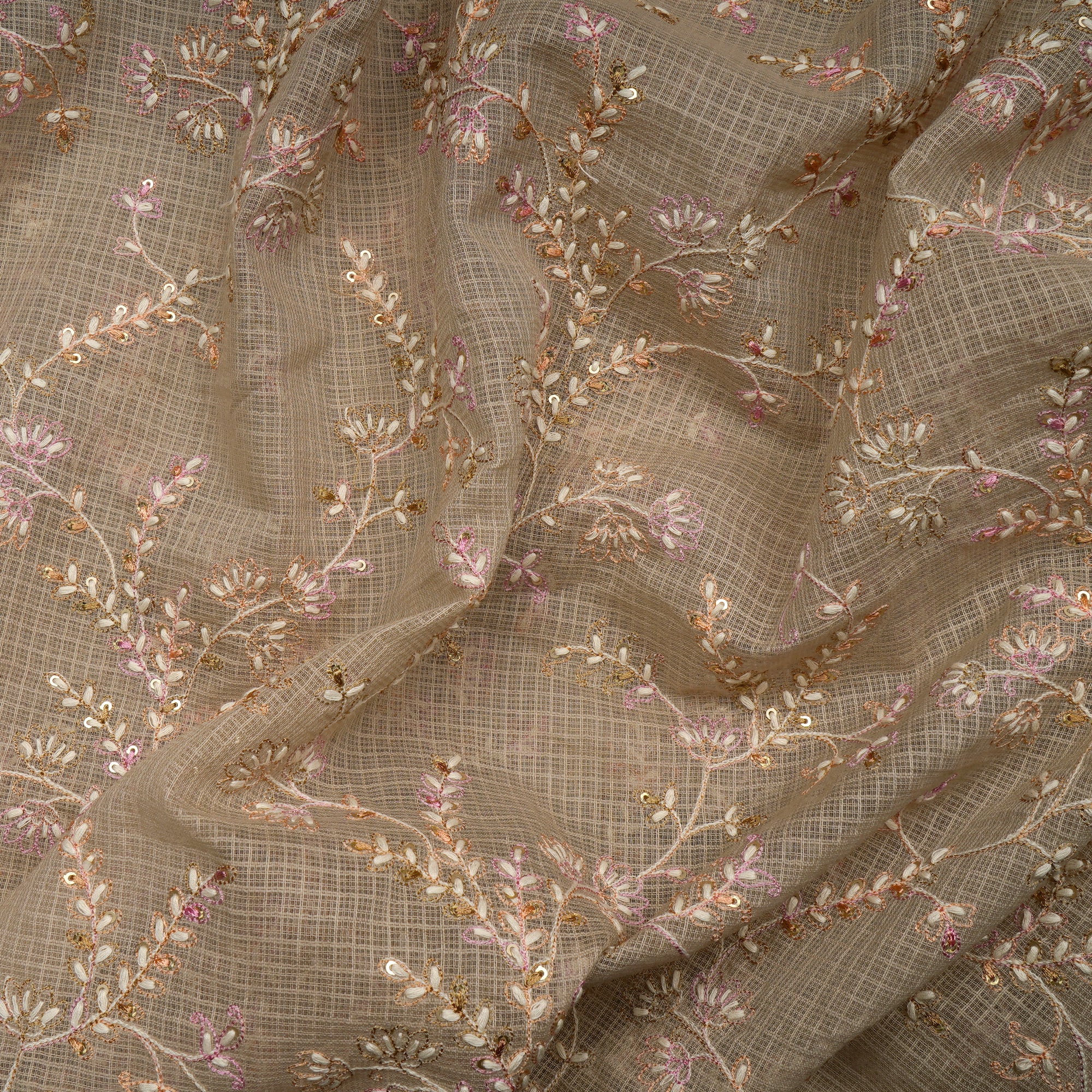 Light Beige Floral Pattern Thread & Sequin Embroidered Cotton Kota Fabric