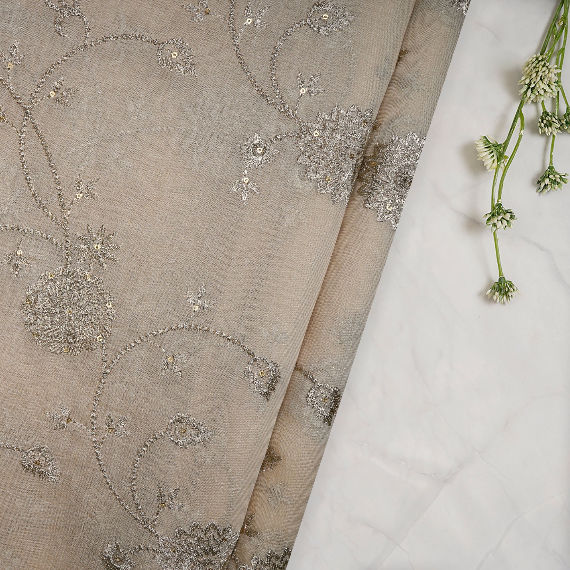 White-Gold Dyeable Floral Pattern Thread & Sequin Embroidered Tissue Chanderi Fabric