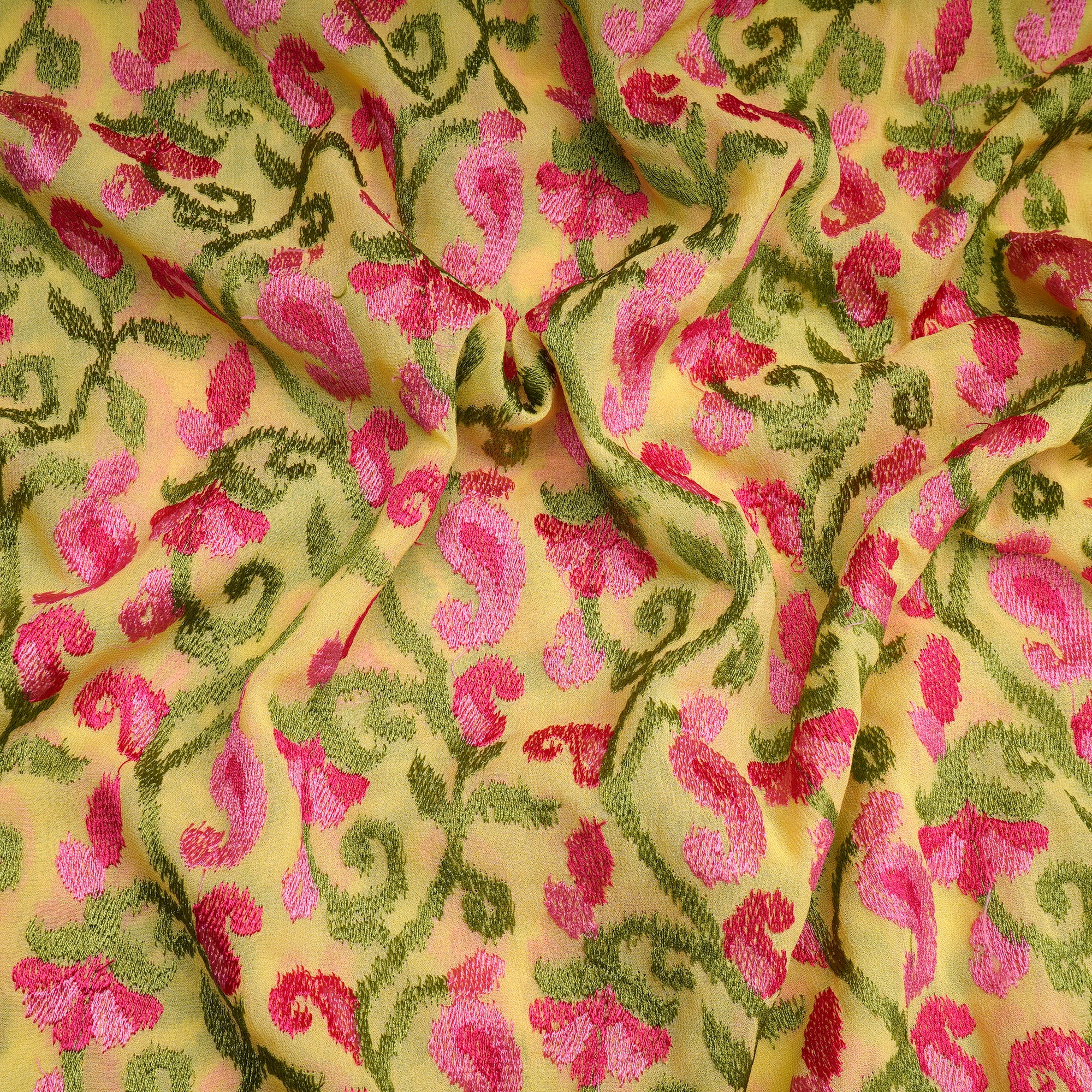 Light Yellow Floral Pattern Thread Embroidered Georgette Fabric